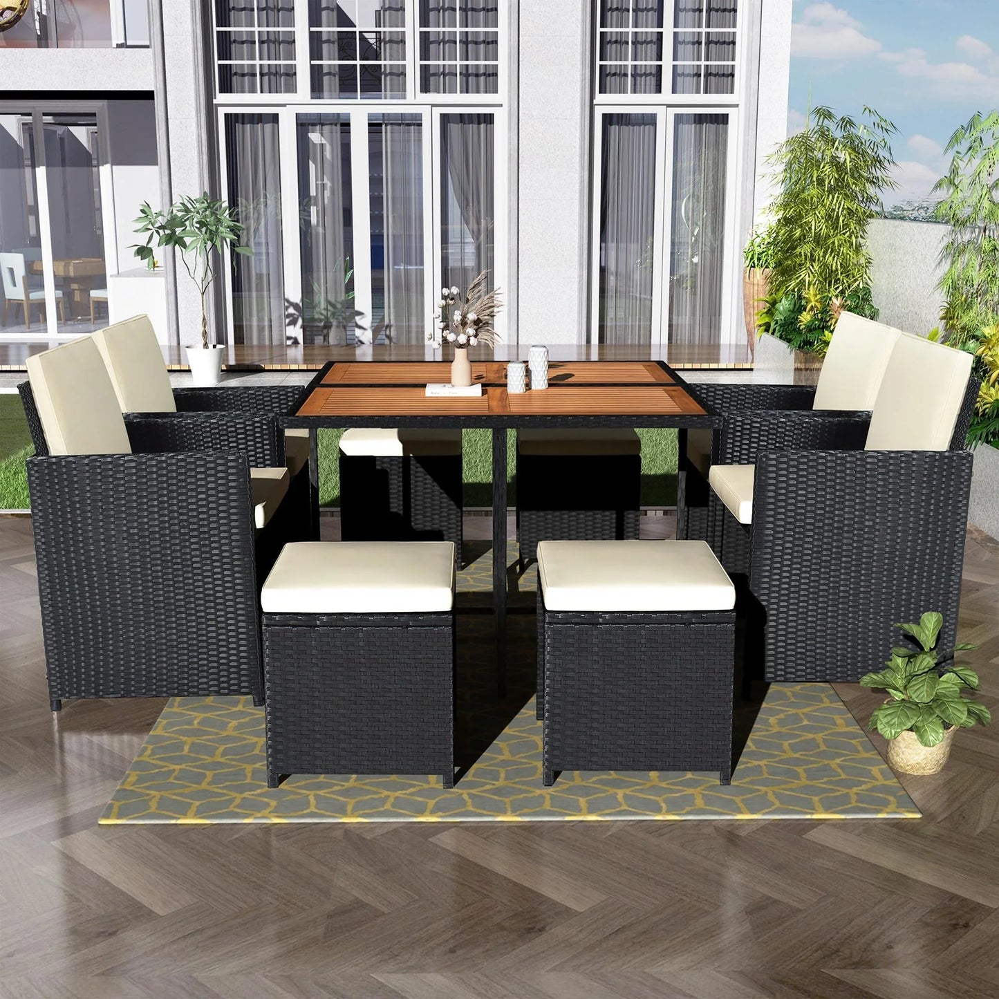 9 Piece Patio Furniture Dining Set, Outdoor Rattan Wicker Patio Dining Table Set, All-Weather Conversation Set with Ottoman for Garden Poolside Balcony