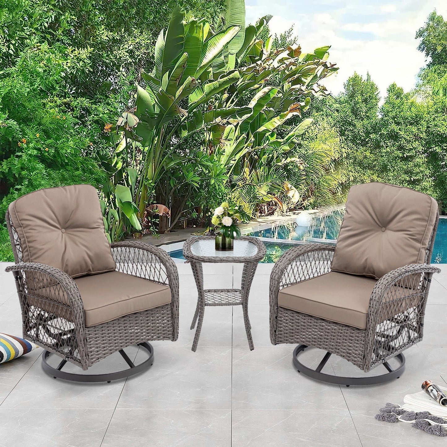 3-Piece Patio Bistro Furniture Set, 360° Patio Rattan Wicker Swivel Rocking Chair Set with Thickened Cushions and Glass Coffee Table, 275 LBS, Khaki