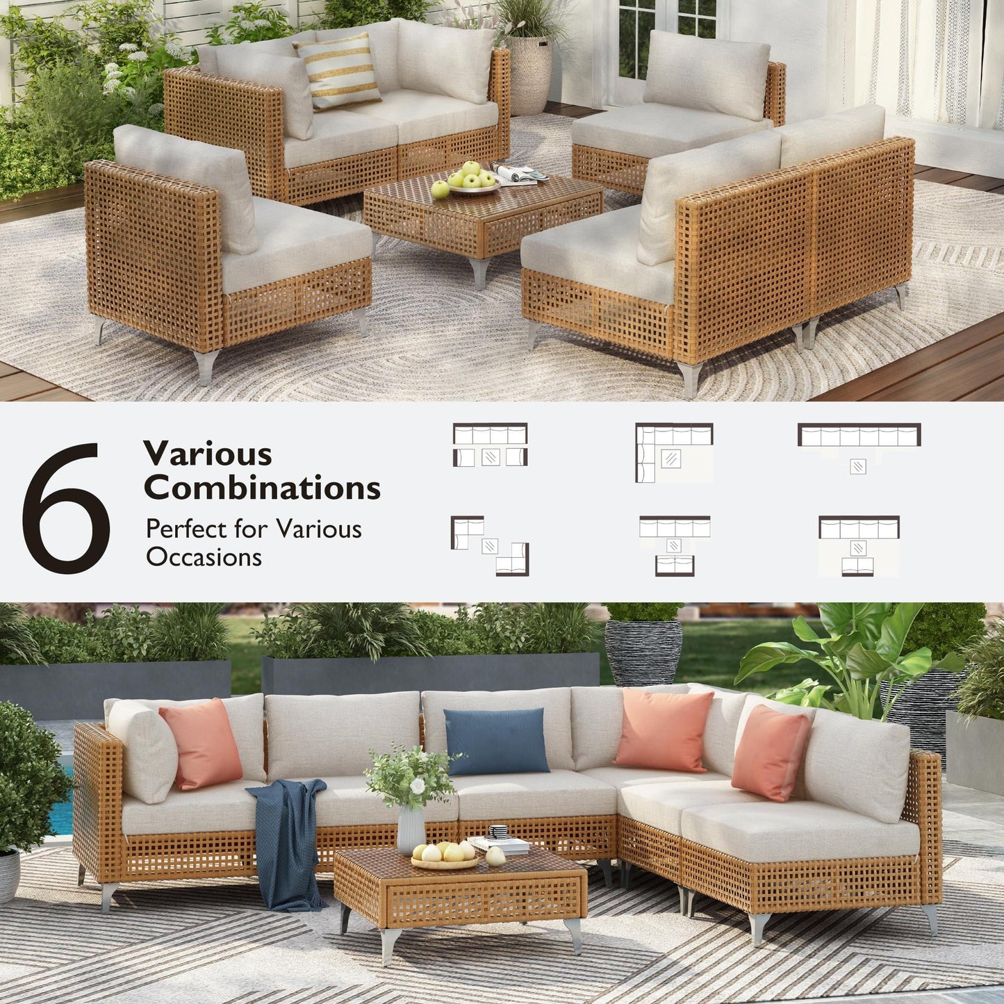 Wicker Sectional Table and Chairs Sets, 7 Pieces Outdoor Wicker Patio Furniture Set with Sectional L-Shaped Chaise Longue, Armchair, Tempered Glass Table for Porch Backyard Garden, Beige