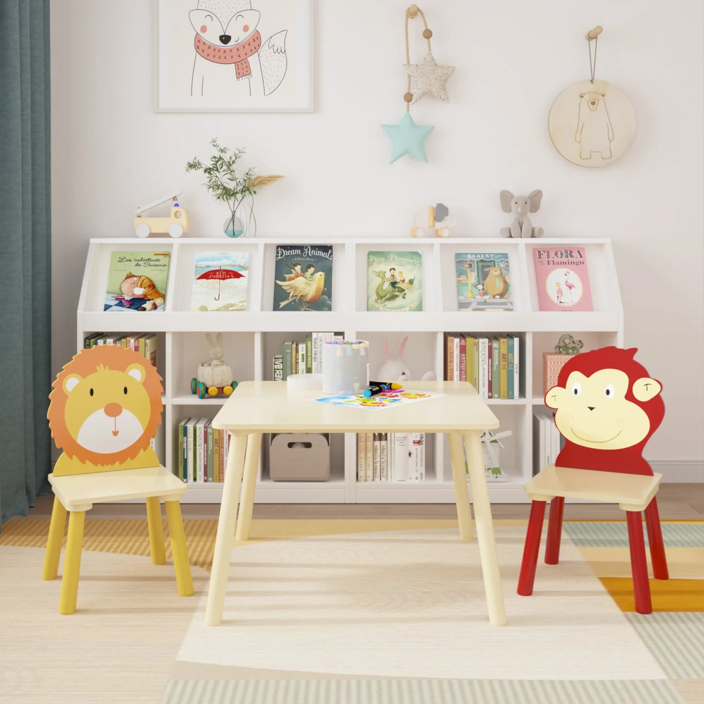 LEGAHOME Kids Table and 2 Chairs Set, 3 Pieces Wood Activity Table Drawing Play Table and Animals Chairs Set, Adorable Study Desk Table Chairs Set for Toddler