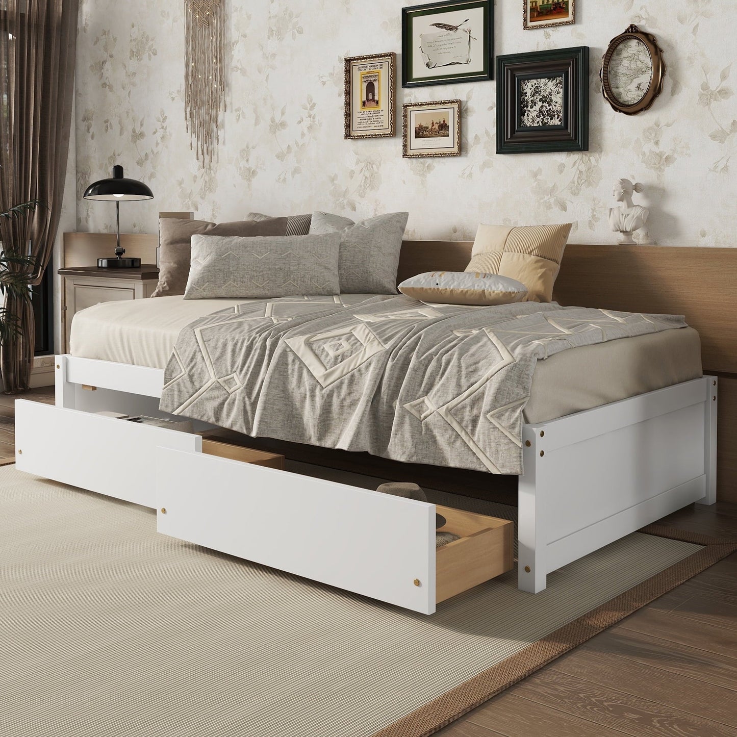 Segmart Twin Daybed Bed for Kid's Room, Farmhouse Style Solid Wood Twin Captain's Bed with 2 Storage Drawers, 200lbs, White