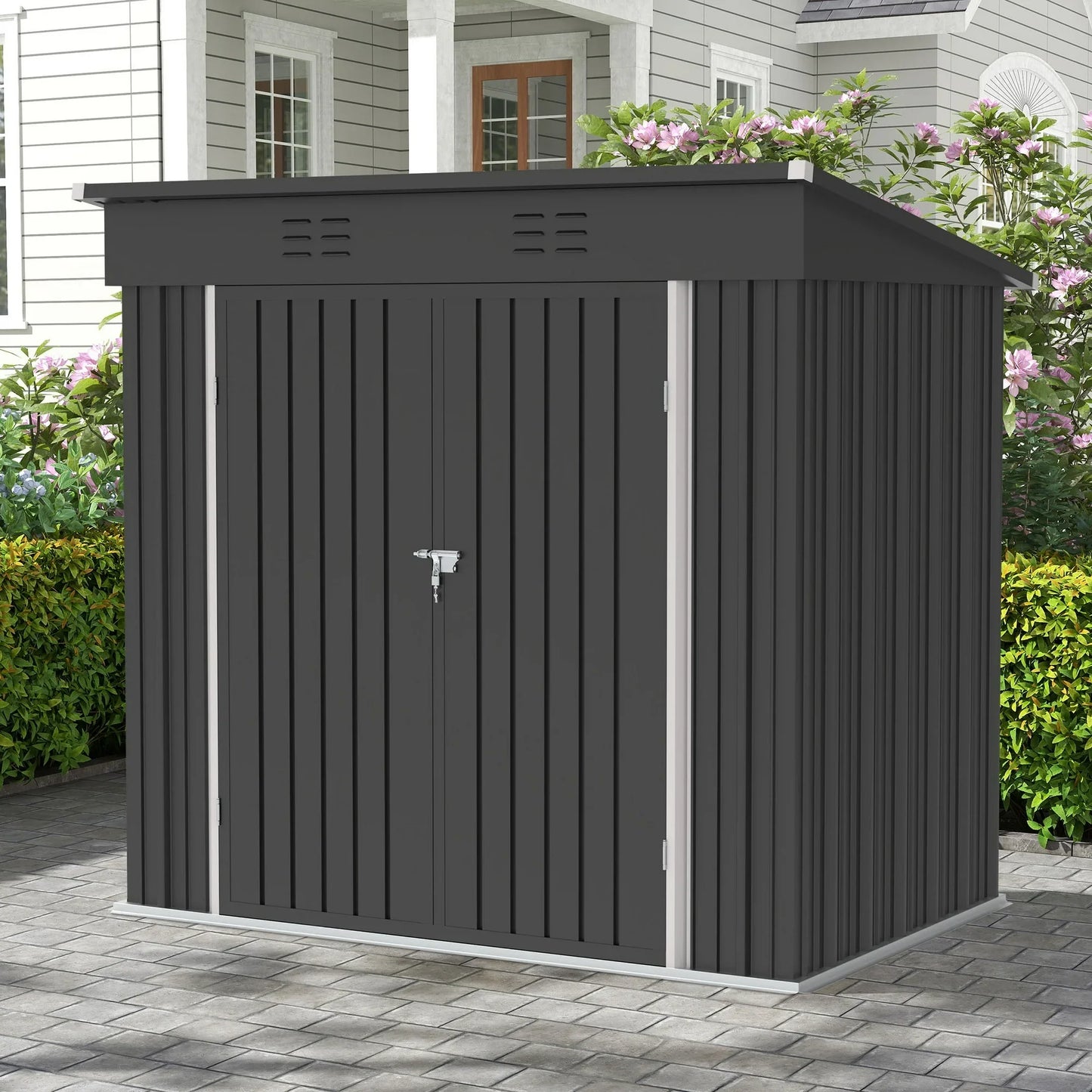 Segmart Outdoor Storage Shed, 6x4FT Galvanized Steel Metal Bike Shed with Lockable Door, Waterproof Outdoor Garden Storage Tools Shed with Apex Roof, for Garden, Backyard, Gray