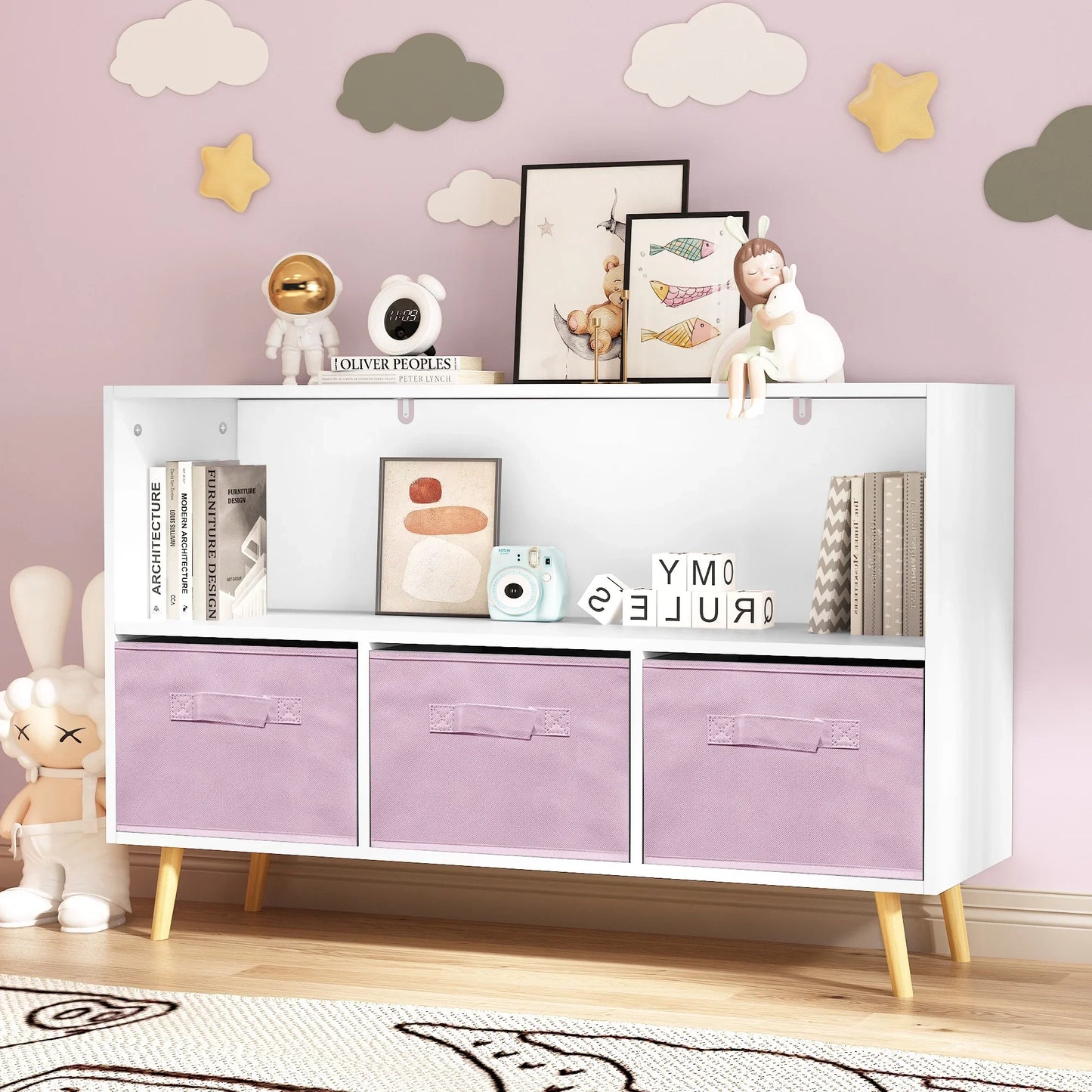 PORKISS Kids Bookshelf, Wood Bookshelf for Kids with Collapsible Fabric Drawers, Freestanding Kids Bookcase, Modern Toy Storage Organizer for Children's Room, Living Room, White/Pink