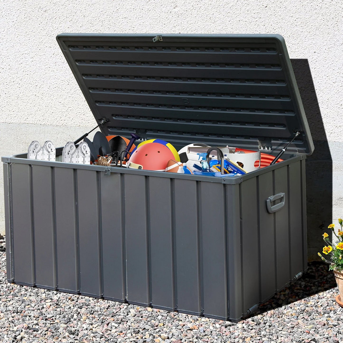 100 Gallon Resin Deck Box, Outdoor Lockable Storage Container for Patio Cushions, Garden Tools, Pool Supplies, Toys, Waterproof and UV Resistant, Dark Gray