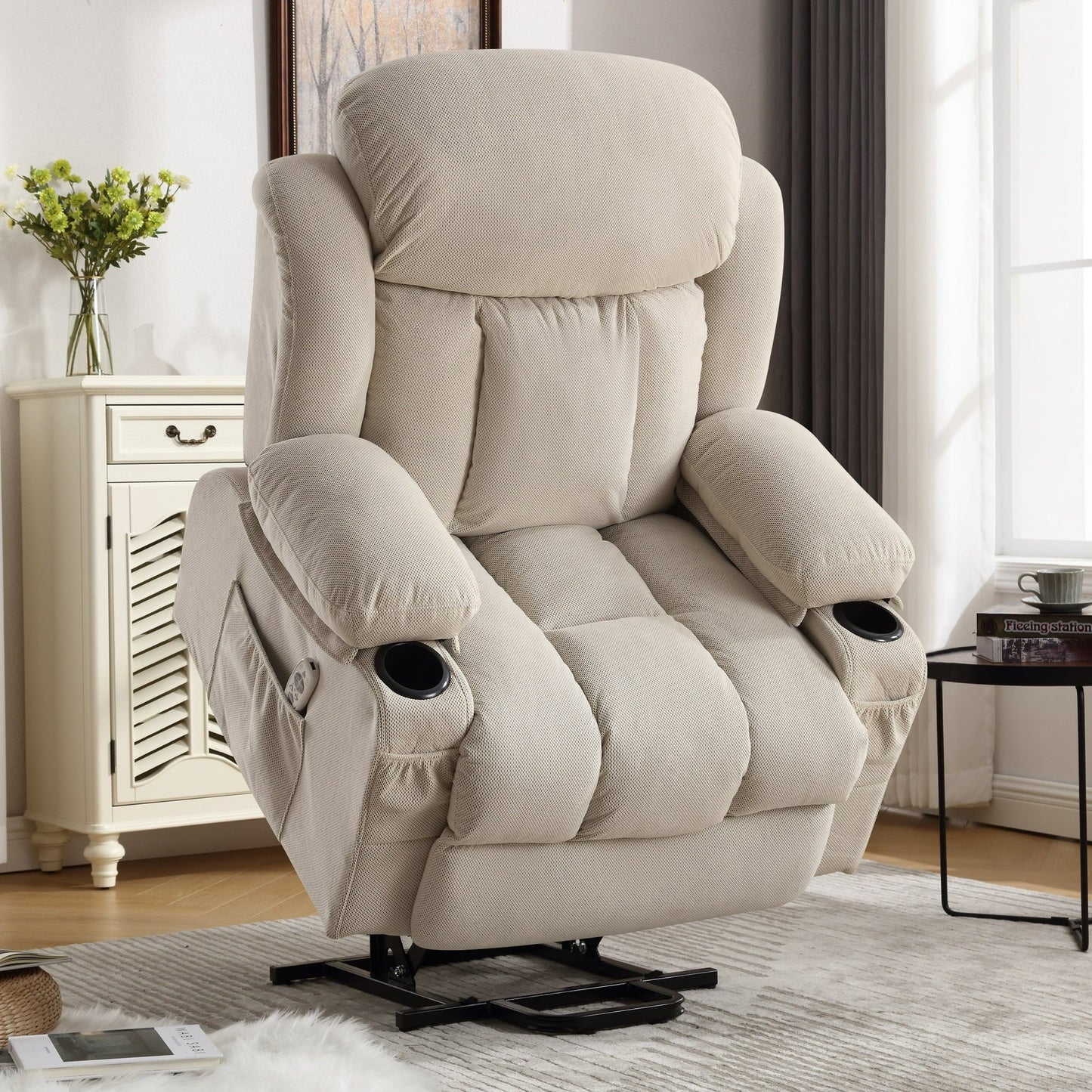 Segmart Power Lift Recliner Chair with Heat and Massage, Ergonomic Rocking Lounge Chair for Living Room, Comfy Overstuffed Recliner with Side Pockets, 2 Cup Holders, USB Charge Port, Beige