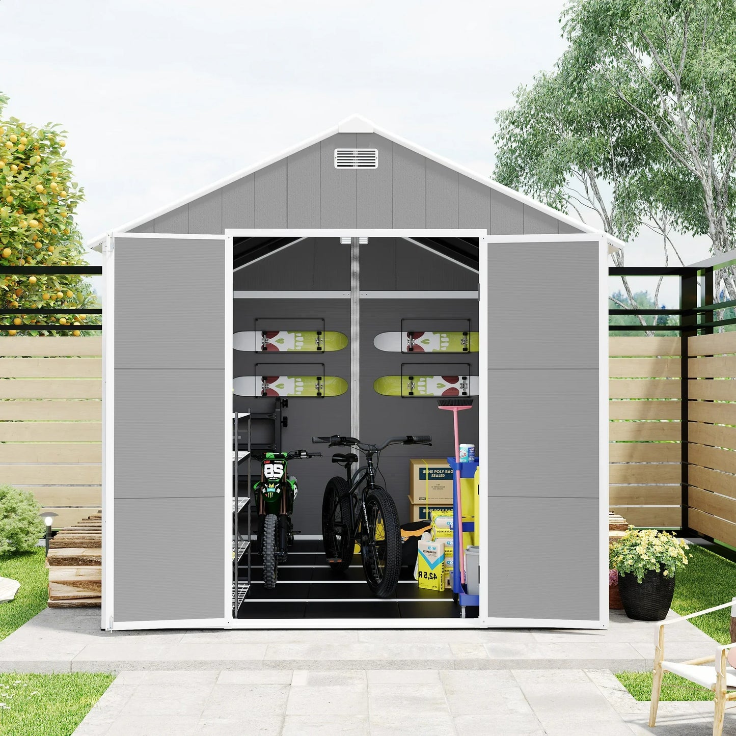 Seizeen Resin Shed, Outdoor Storage Shed 7.5x10.3FT Extra Large, Outside Garden Shed for Lawn Mover Bike Tool, w/Double Doors, Air Vents, Double Windows, PP Floor