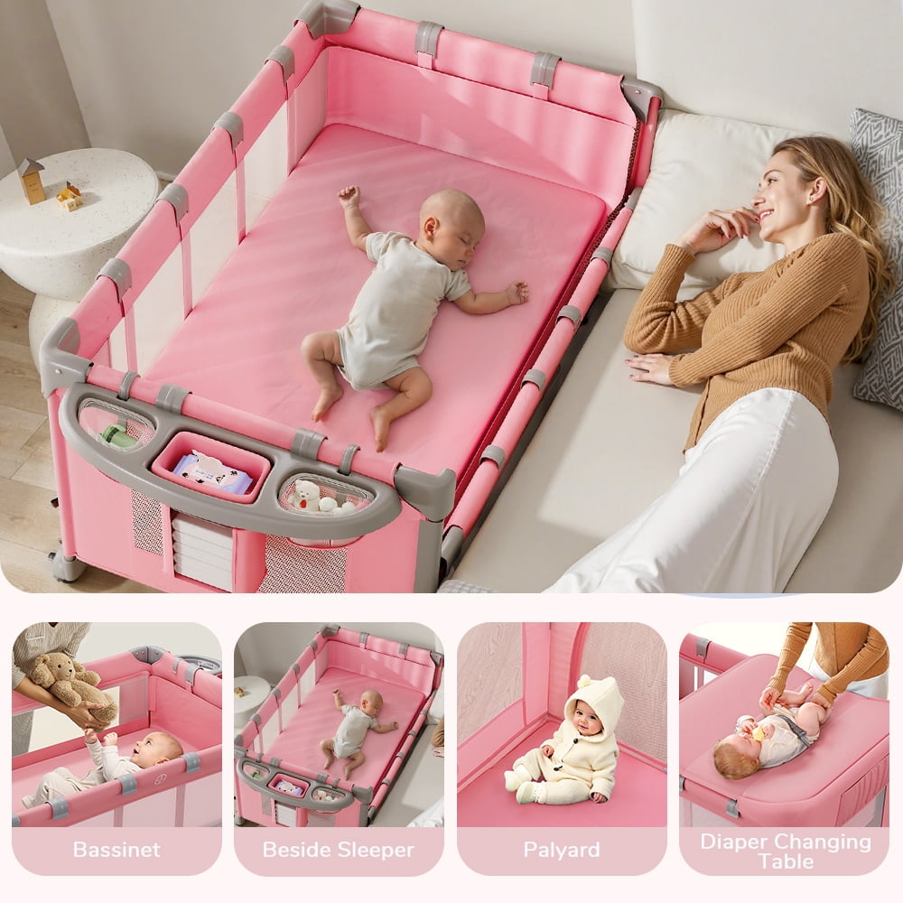 Baby Bassinet, Novashion 5 in 1 Bedside Sleeper Bassinet, Portable Baby Playard Baby Crib, with Removable Changing Station & Storage Organizer, Black