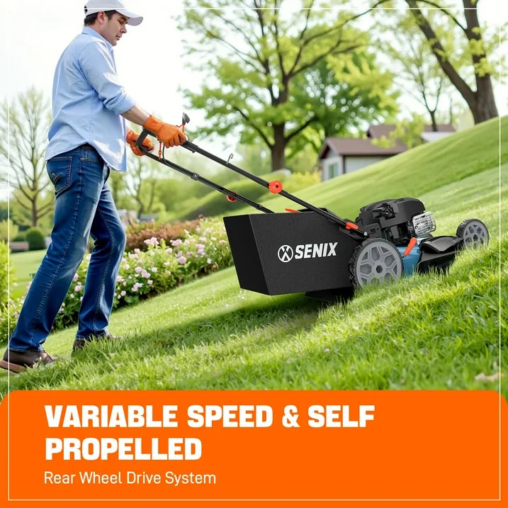 SENIX 22 Self Propelled Gas Lawn Mower Variable Speed, 163 cc 4 Cycle Made in USA Briggs & Stratton Engine Push Mower, 3 In 1, 6 Position 1 Step Height Adjustment, 11 In Rear Wheels, LSSG H2