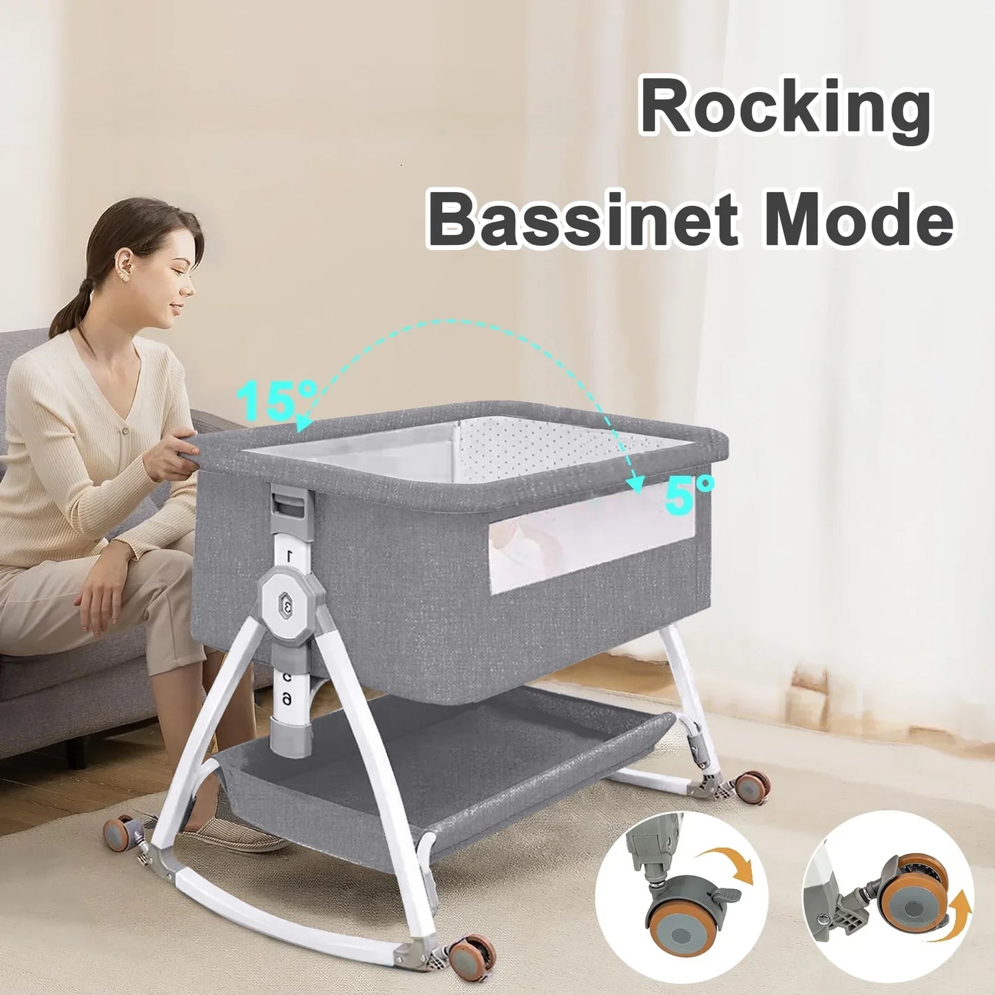 Baby Bassinet, Novashion Bedside Bassinet for Baby, 4 in 1 Portable Bedside Sleeper Rocking Crib with Wheels, Mosquito Net & Storage Basket, 6 Height Adjustable, Grey