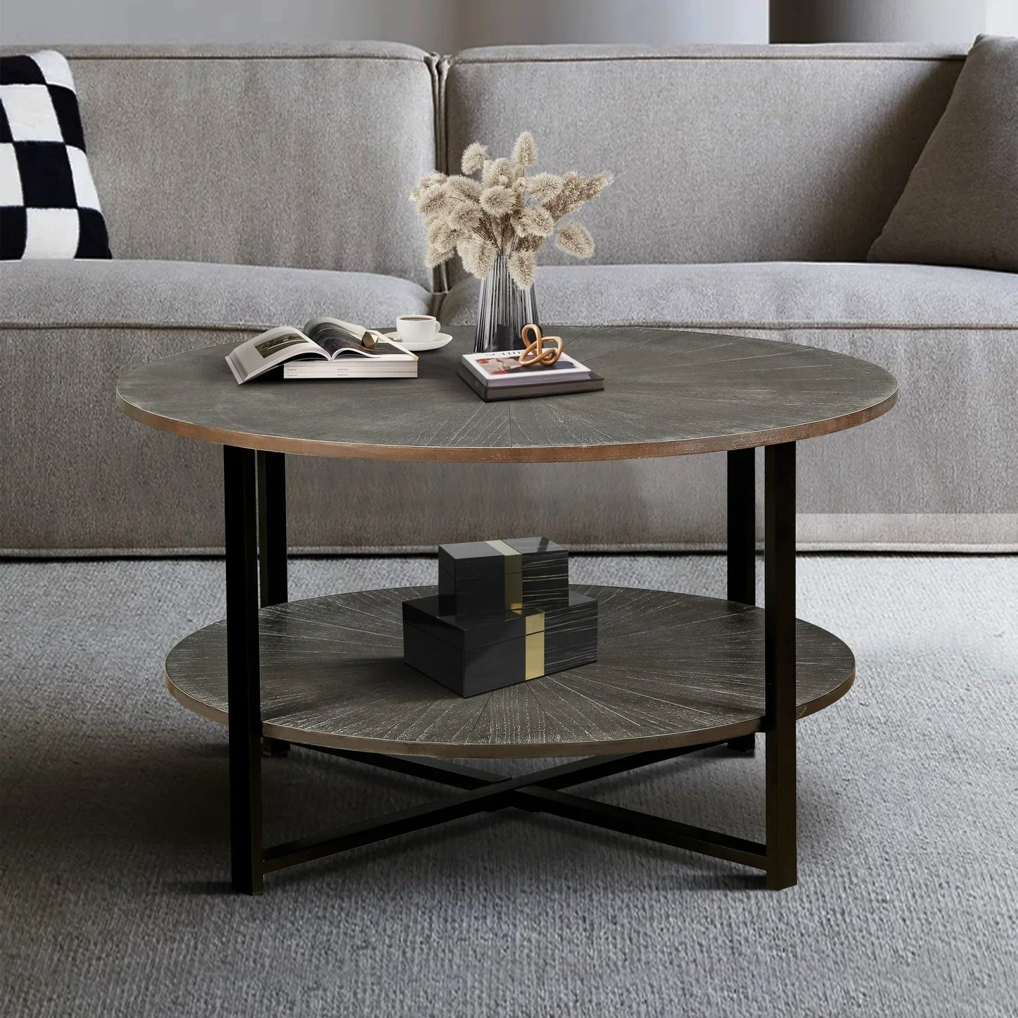 31.5 D 31.5 W 18.3 H Round Coffee Table With 2 Tier Storage, Farmhouse Living Room Cocktail Table with Black Metal Leg, Patchwork Desktop Effect Easy Assembly (Antique Brown)