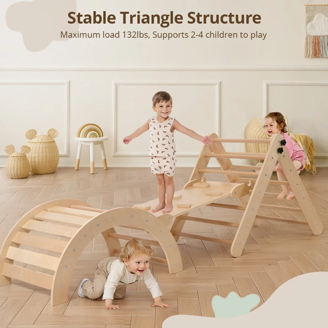 Pikler Triangle Set, RongTrading Montessori Climbing Set, Wooden Climbing Toys, with Arch, Ramp, Ladder, Tent and Cushion, Indoor Jungle Gym for Toddlers 0.5-6 Years Old