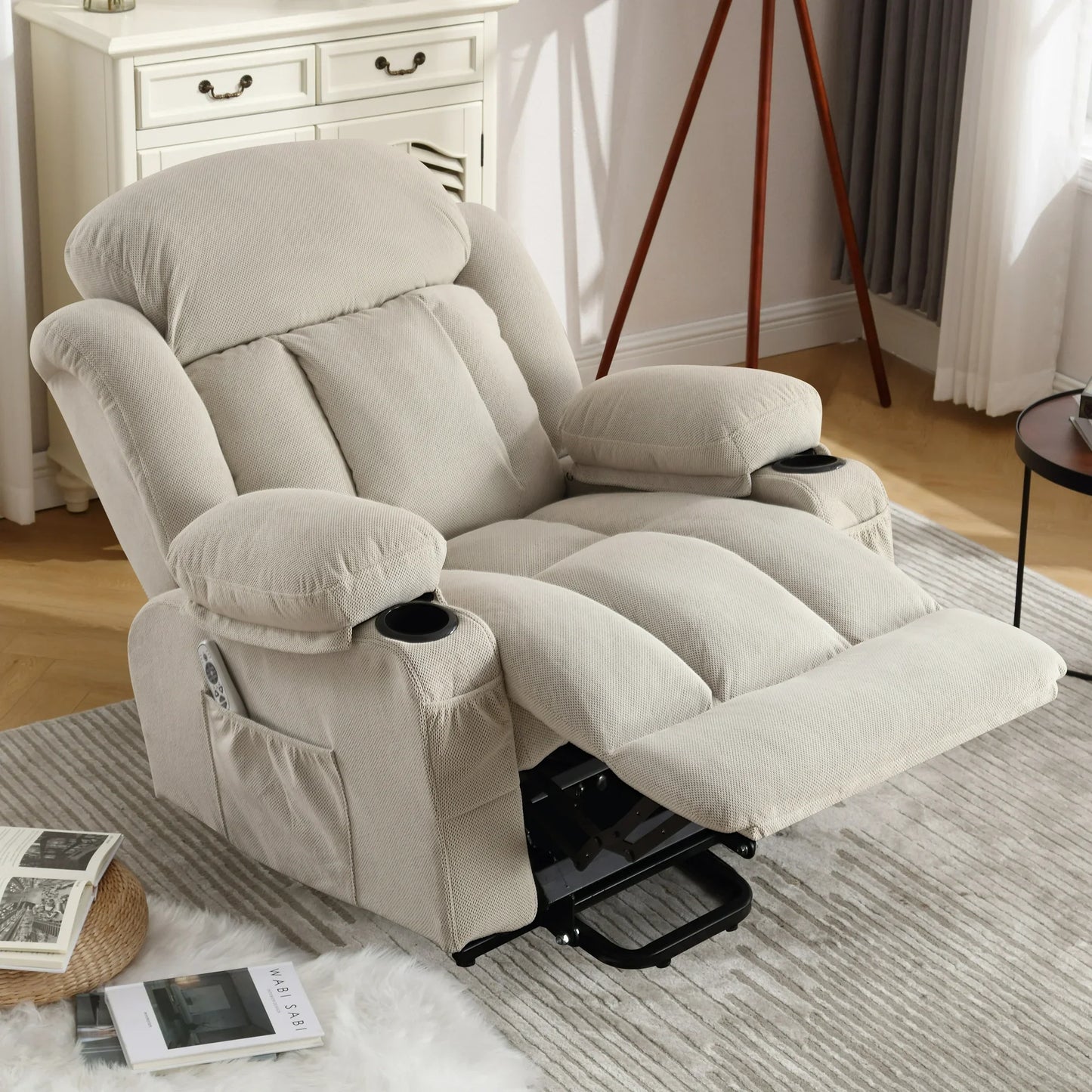 Segmart Electric Power Lift Recliner Chair, Heavy Duty Classic Fabric Sofa Chair for Elderly, Ergonomic Lounge Single Sofa with Plush Extended Arms and Remote Control, 3 Positions, Beige