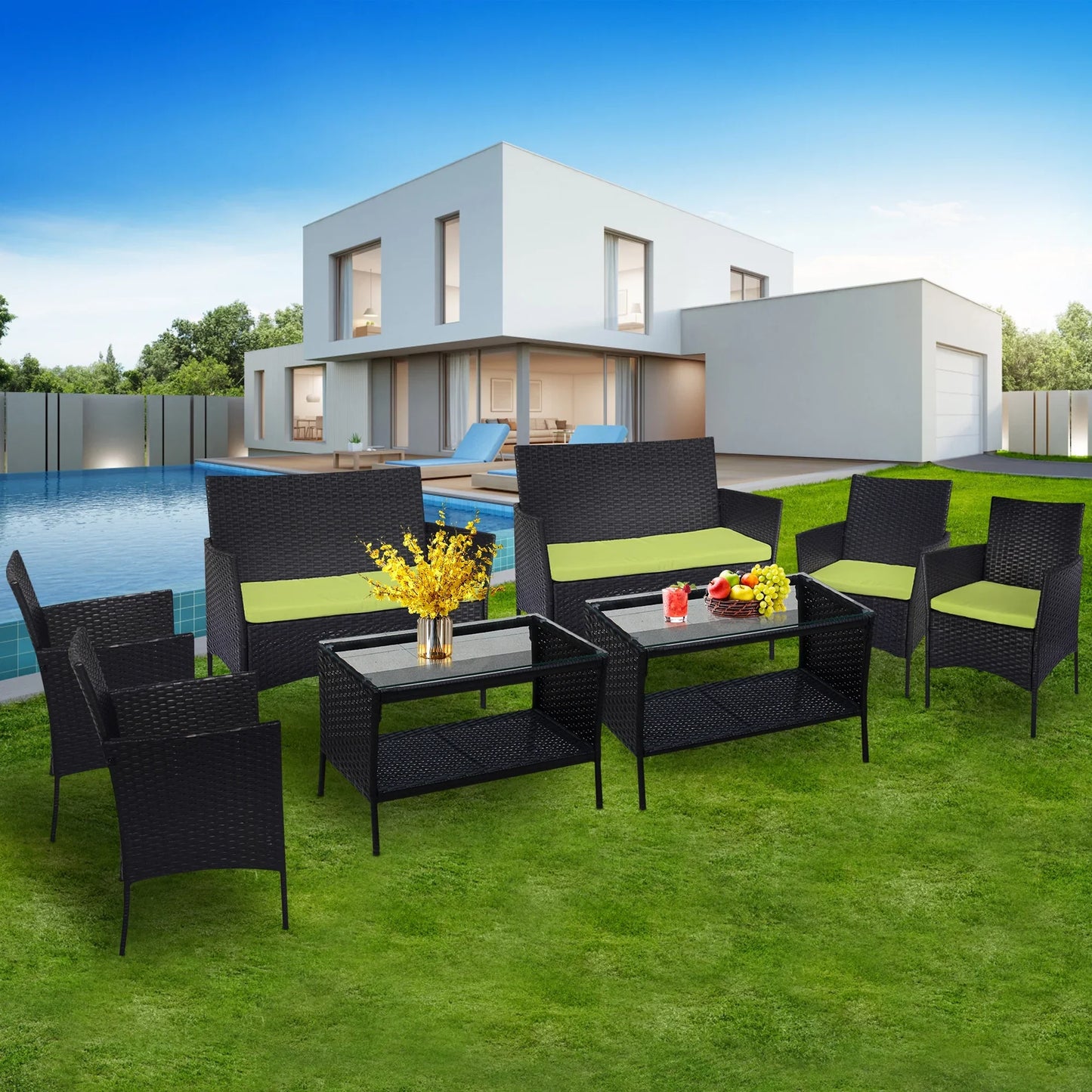 8 PCS Outdoor Patio Bistro Furniture Set, All-Weather Rattan Chair Set, Conversation Furniture Sets Clearance, Cushioned Seat & Glass Table, Bistro Table Set for Porch Garden Poolside Balcony