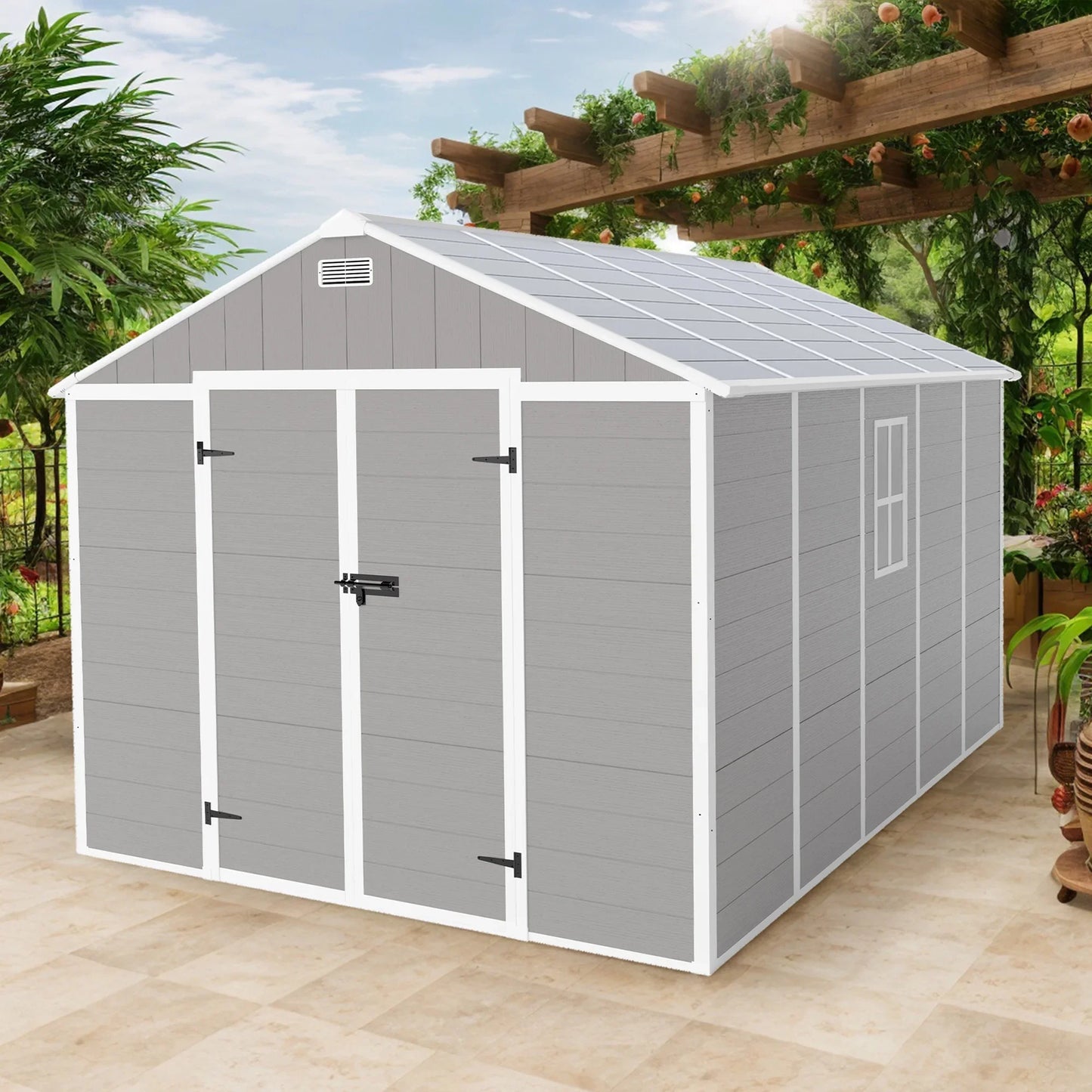 Seizeen Resin Shed, Outdoor Storage Shed 7.5x10.3FT Extra Large, Outside Garden Shed for Lawn Mover Bike Tool, w/Double Doors, Air Vents, Double Windows, PP Floor