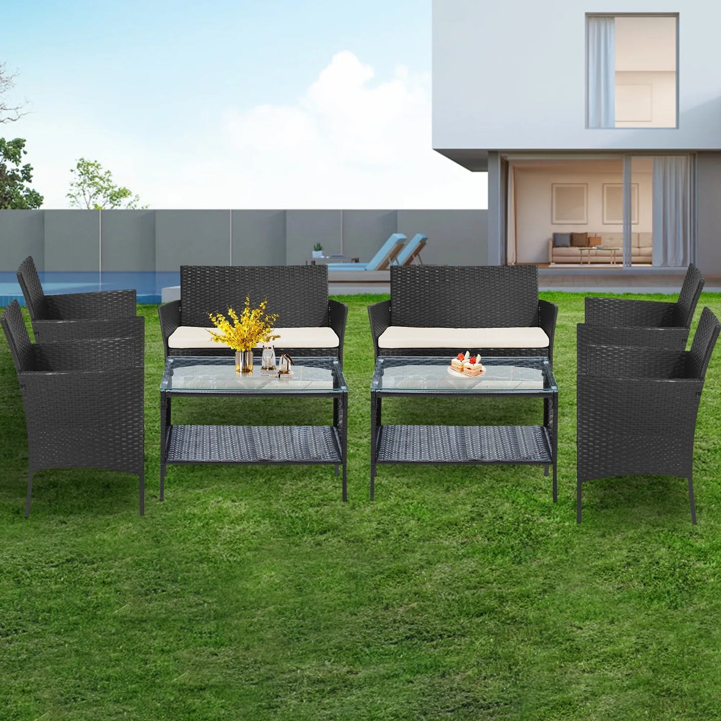 8 PCS Outdoor Patio Bistro Furniture Set, All-Weather Rattan Chair Set, Conversation Furniture Sets, Cushioned Seat & Glass Table, Bistro Table Set for Porch Garden Poolside Balcony, T208