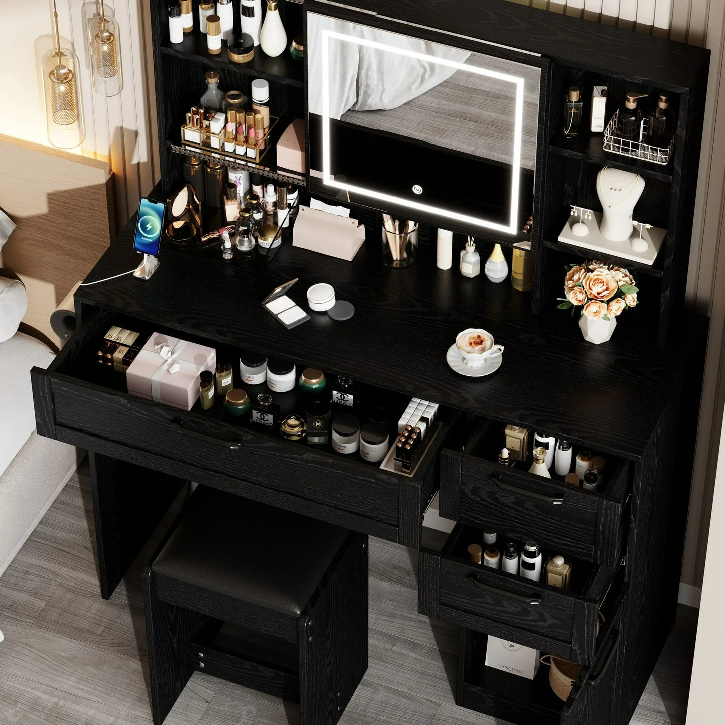 Sesslife Vanity Set with Sliding LED Light Mirror, Black Makeup Desk with Cushioned Stool, Charging Station, Drawers, Storage Cabinet and Hair Dryer Rack, Modern Dressing Table Set for Women Girls
