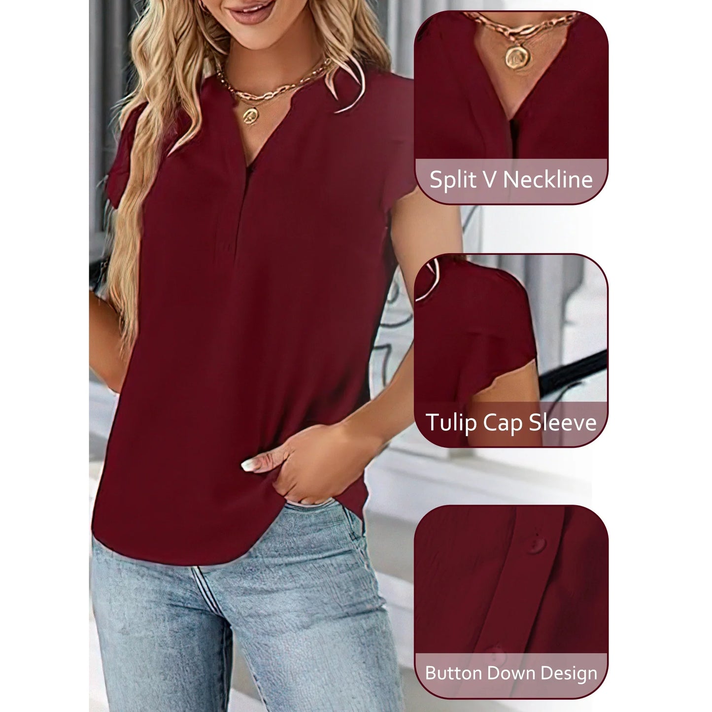 VDJ Womens Blouses Short Sleeve Button V Neck Business Casual Going Out Tops Trendy Red T Shirts Size L