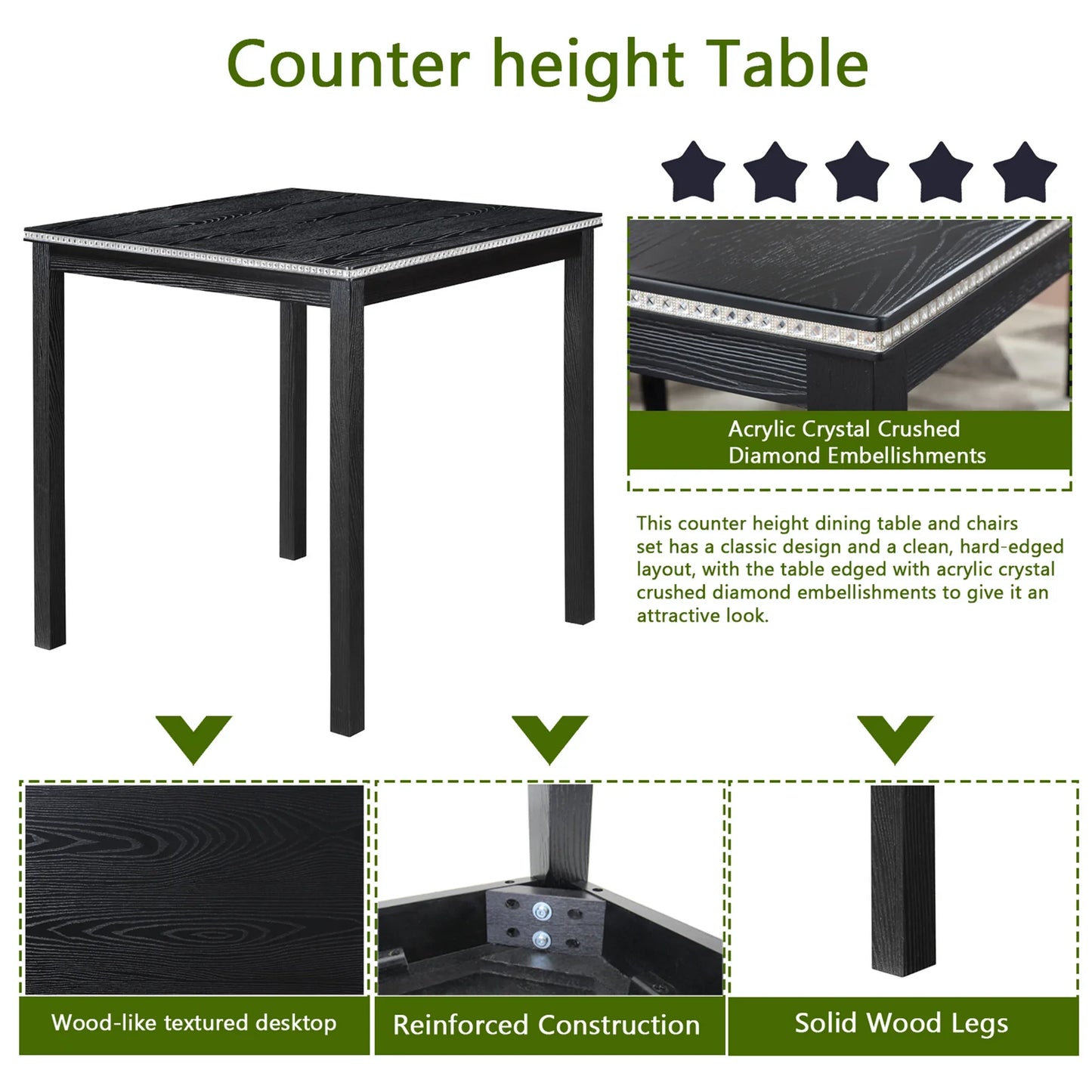 PAPROOS 5 Piece Counter Height Dining Table Set, Wooden Dining Room Table Set with Square Table and 4 Upholstered Chairs, Modern Kitchen Table with Crystal Decoration and Chair Set for 4, Black