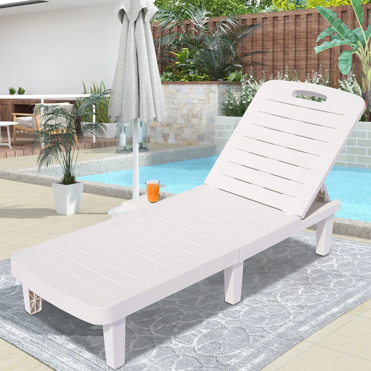 Patio Lounge Chair Set of 2, Adjustable Chaise with Side Table, Outdoor Lounger Recliner for Poolside, Patio, Backyard, Wood Texture Design | Waterproof | Easy to Assemble | Max Weight 330 lbs White