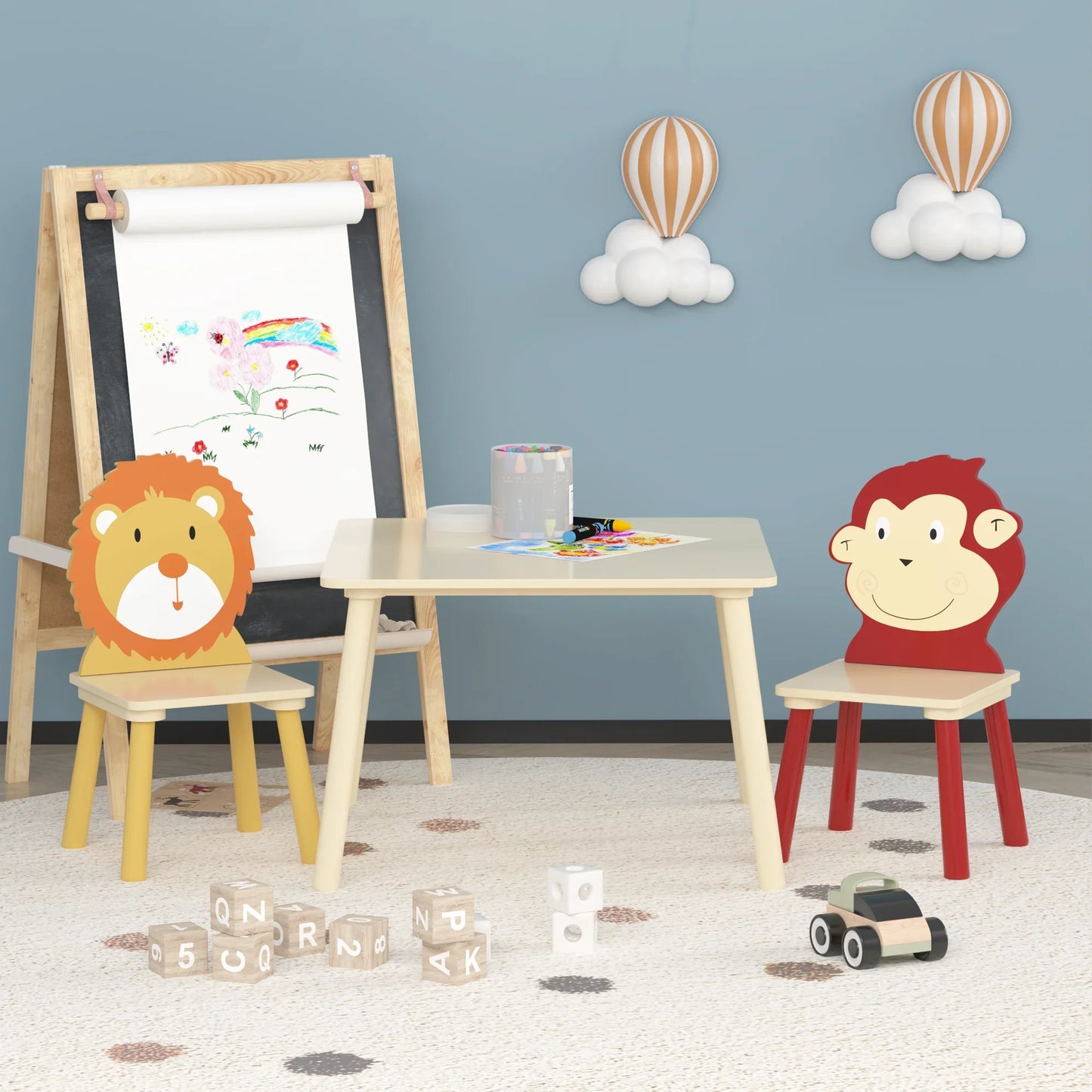 LEGAHOME Kids Table and 2 Chairs Set, 3 Pieces Wood Activity Table Drawing Play Table and Animals Chairs Set, Adorable Study Desk Table Chairs Set for Toddler