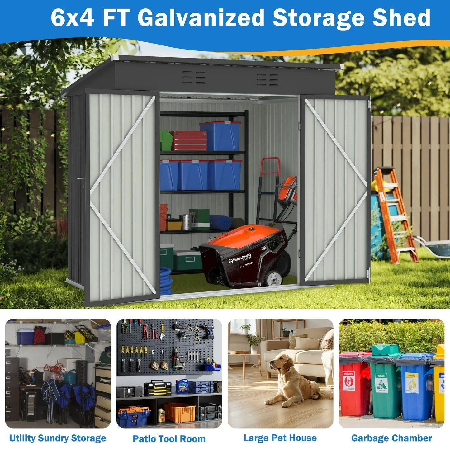 Segmart Outdoor Storage Shed, 6x4FT Galvanized Steel Metal Bike Shed with Lockable Door, Waterproof Outdoor Garden Storage Tools Shed with Apex Roof, for Garden, Backyard, Gray