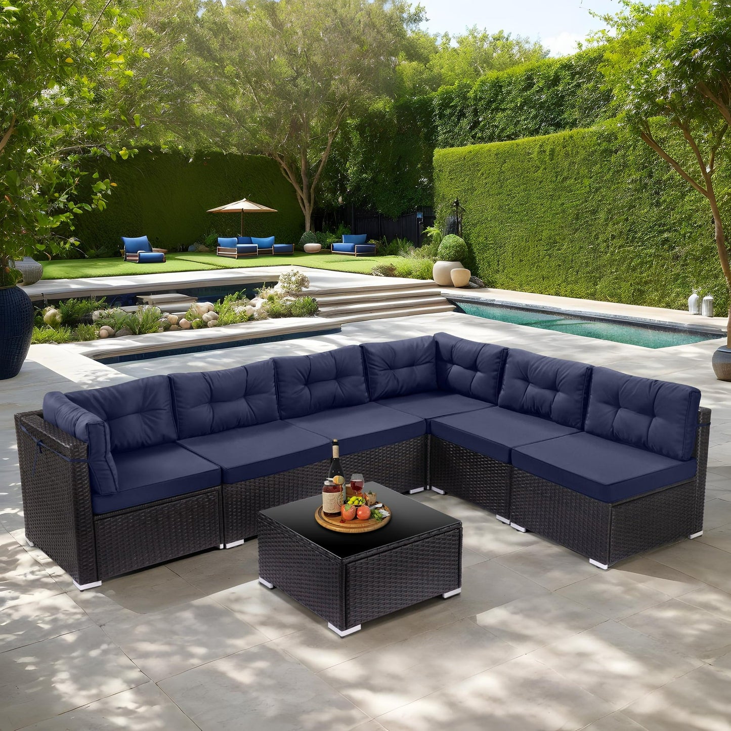 Patio Outdoor Furniture Sets, 7 Pieces All-Weather Rattan Sectional Sofa with Tea Table & Cushions, PE Rattan Wicker Sofa Couch Conversation Set for Garden Backyard Poolside