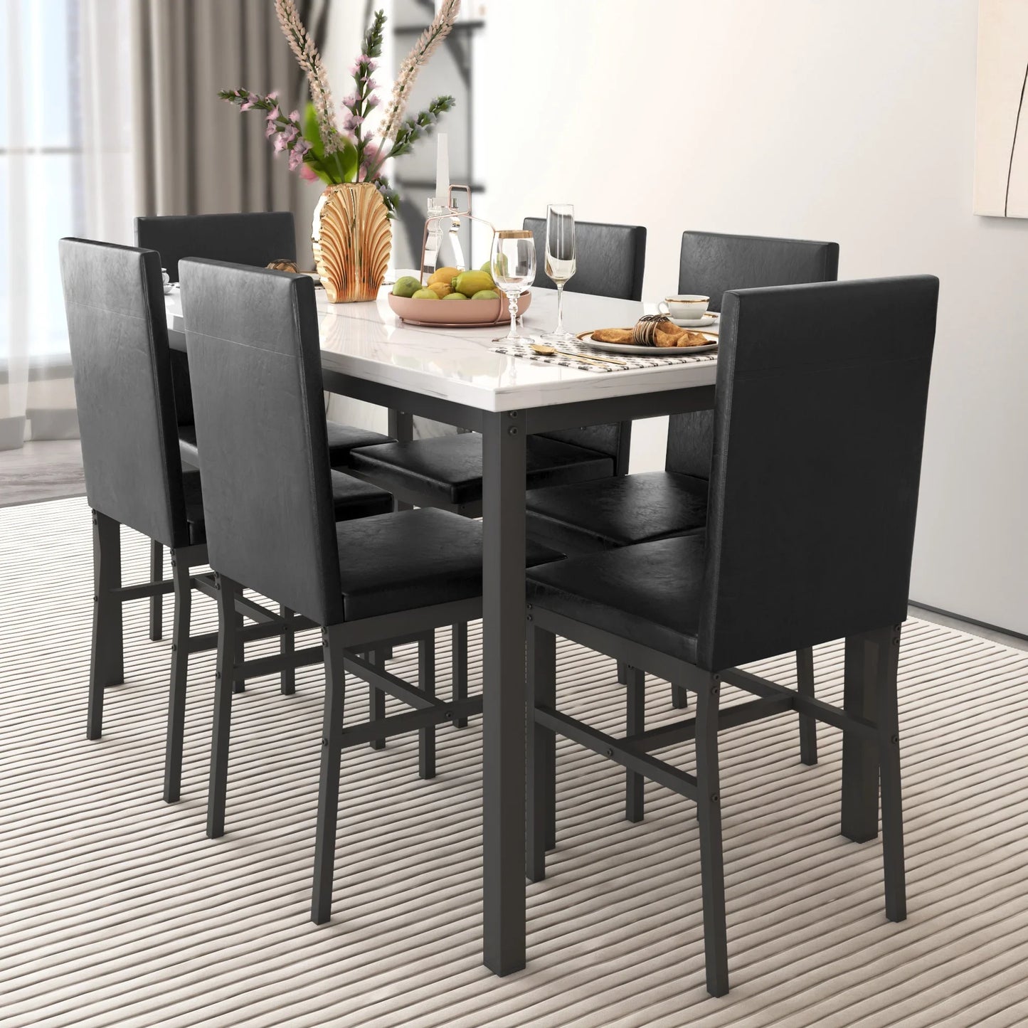 7 Piece Kitchen Dining Table & Chair Set, Dining Room Table Set with Faux Marble Tabletop PU Leather Padded Chairs, Rectangle Dining Table Set for 6, Dinette Set for Kitchen Dining Room Small Space