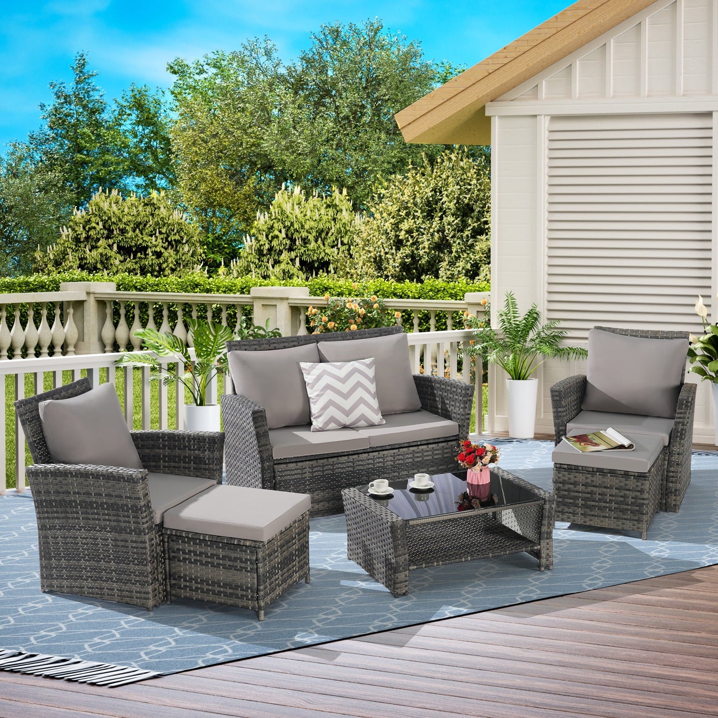 Segmart Outdoor Patio Furniture Sets with Ottoman, 6 Pieces PE Rattan Wicker Patio Conversation Set with Tempered Glass Coffee Table, Perfect for Garden, Poolside, Backyard, Light Gray