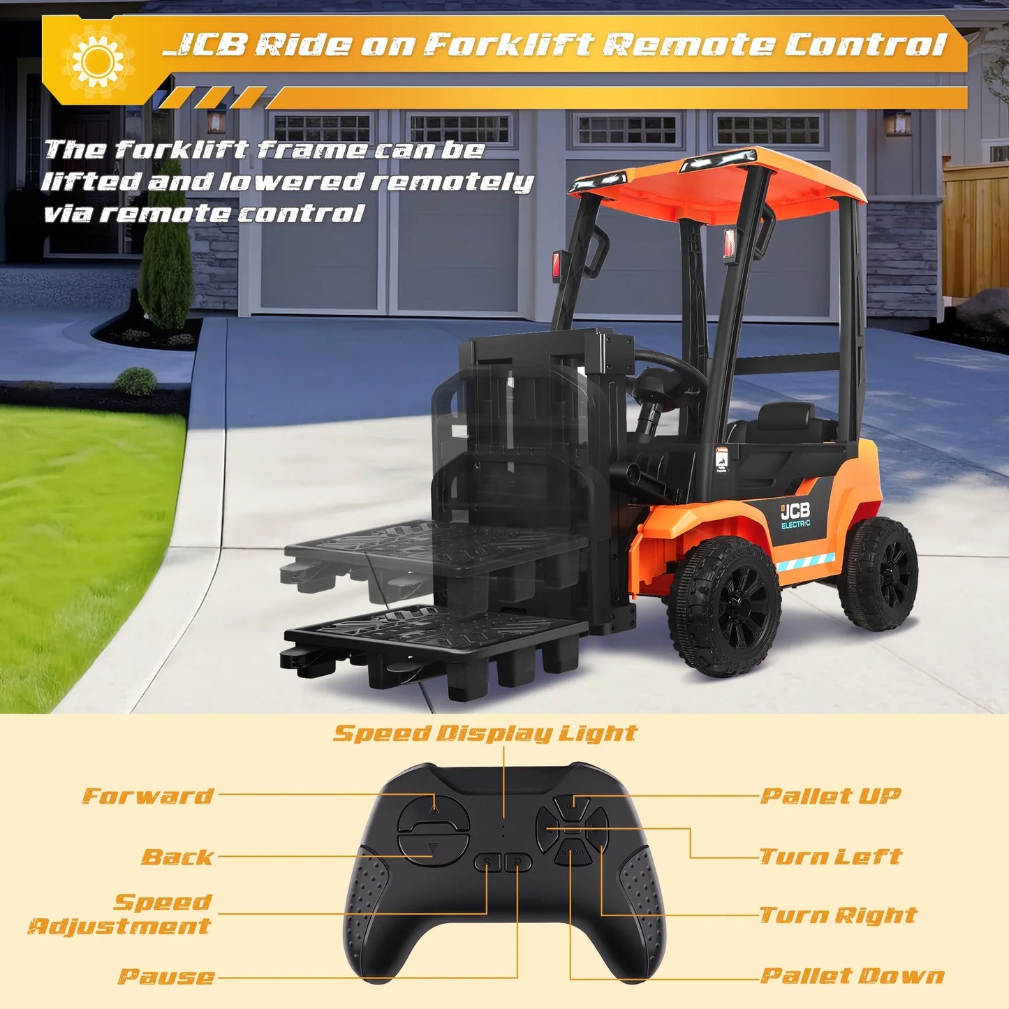 12V Powered Ride on Car Toy for Kids, JCB kids Ride on Forklift Toy with Lifting Pallet, Remote Control, Removable Car Roof, Joystick, 4 Wheels Electric Construction Car for Boy Girl 3-6 Years Old