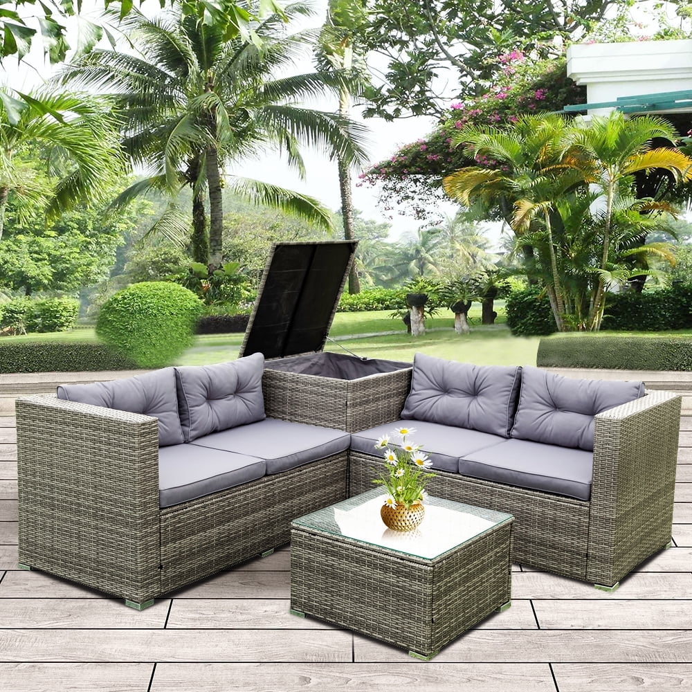 SEGMART 4 Piece Patio Furniture Set, All-Weather Outdoor Sectional Sofa Set, PE Rattan Conversation Set with Storage Box, Table & Cushions, Wicker Furniture Couch Set for Patio Deck Garden