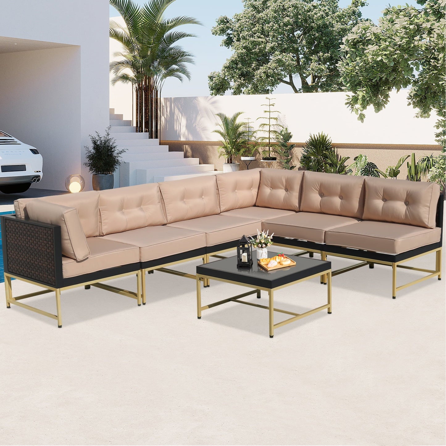 7 Piece Outdoor Patio Furniture Set, Modular Outdoor Sectional Sofa Set with Removable Cushions, PE Rattan Conversation Sets with Coffee Table, Brown