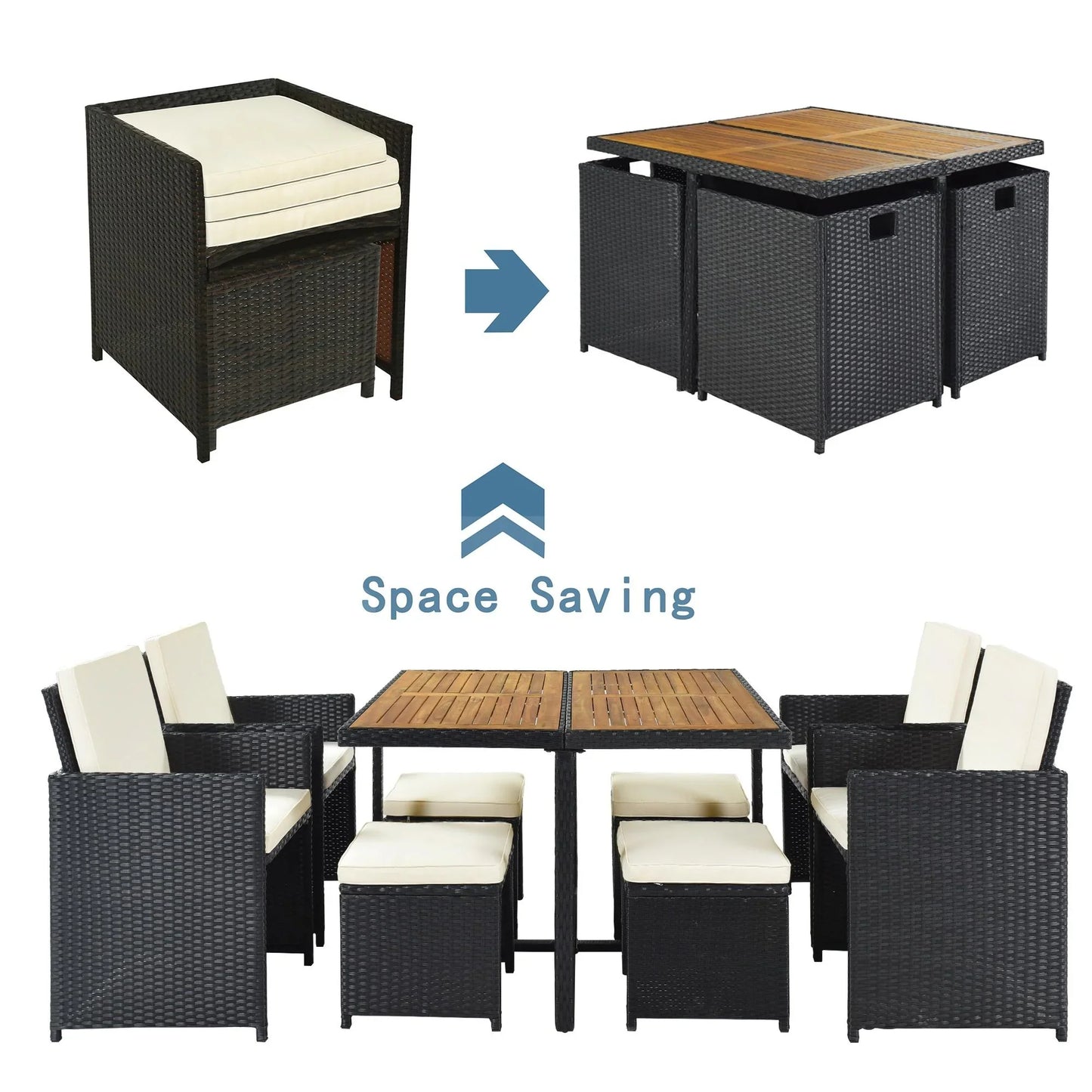 9 Piece Patio Furniture Dining Set, Outdoor Rattan Wicker Patio Dining Table Set, All-Weather Conversation Set with Ottoman for Garden Poolside Balcony