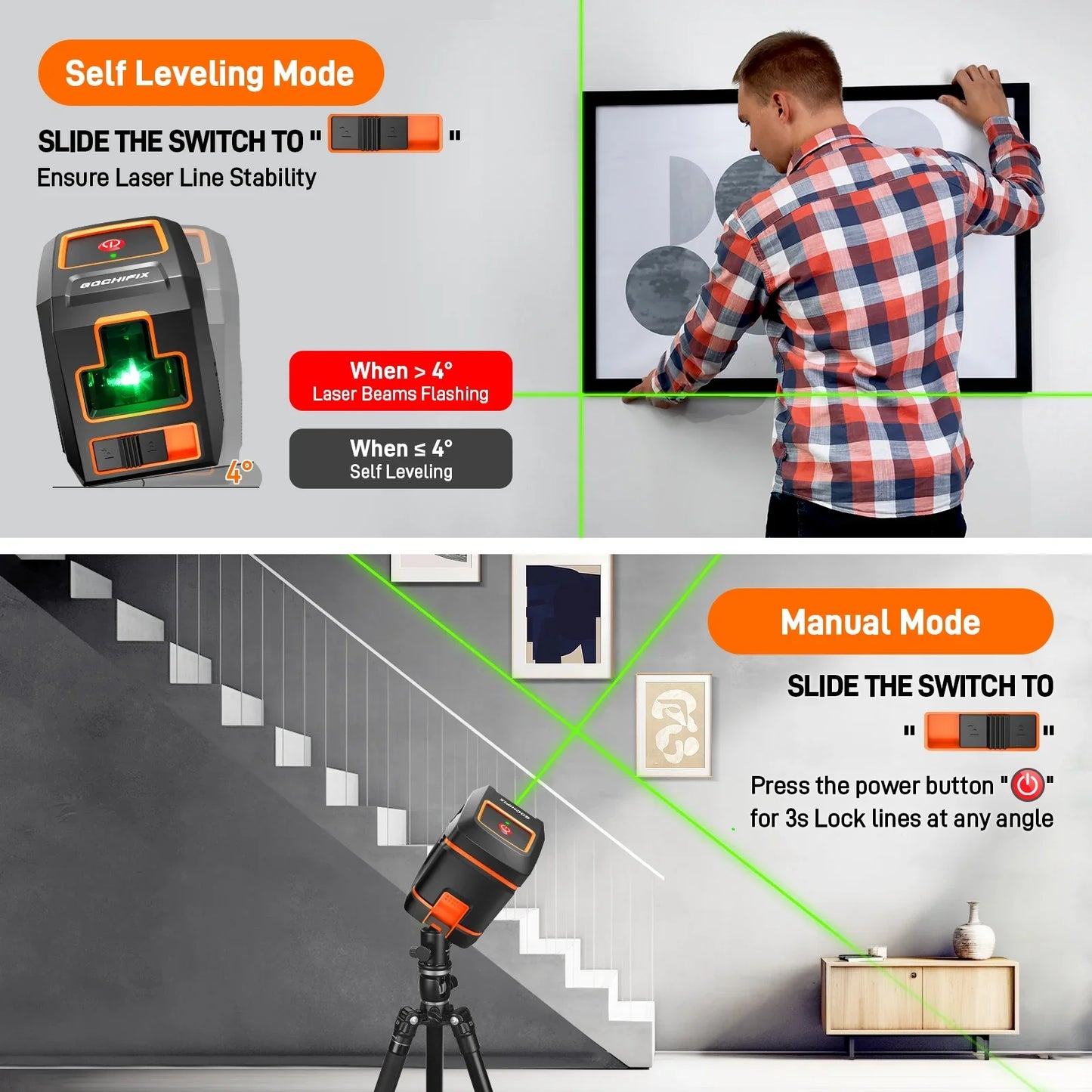 Laser Level, GOCHIFIX 2 Modes Green Cross Line Laser Level Self Leveling with 360 Degree Rotating Bracket,2 AA Batteries and Carry Pouch Included,IP54,100 FT Working Range