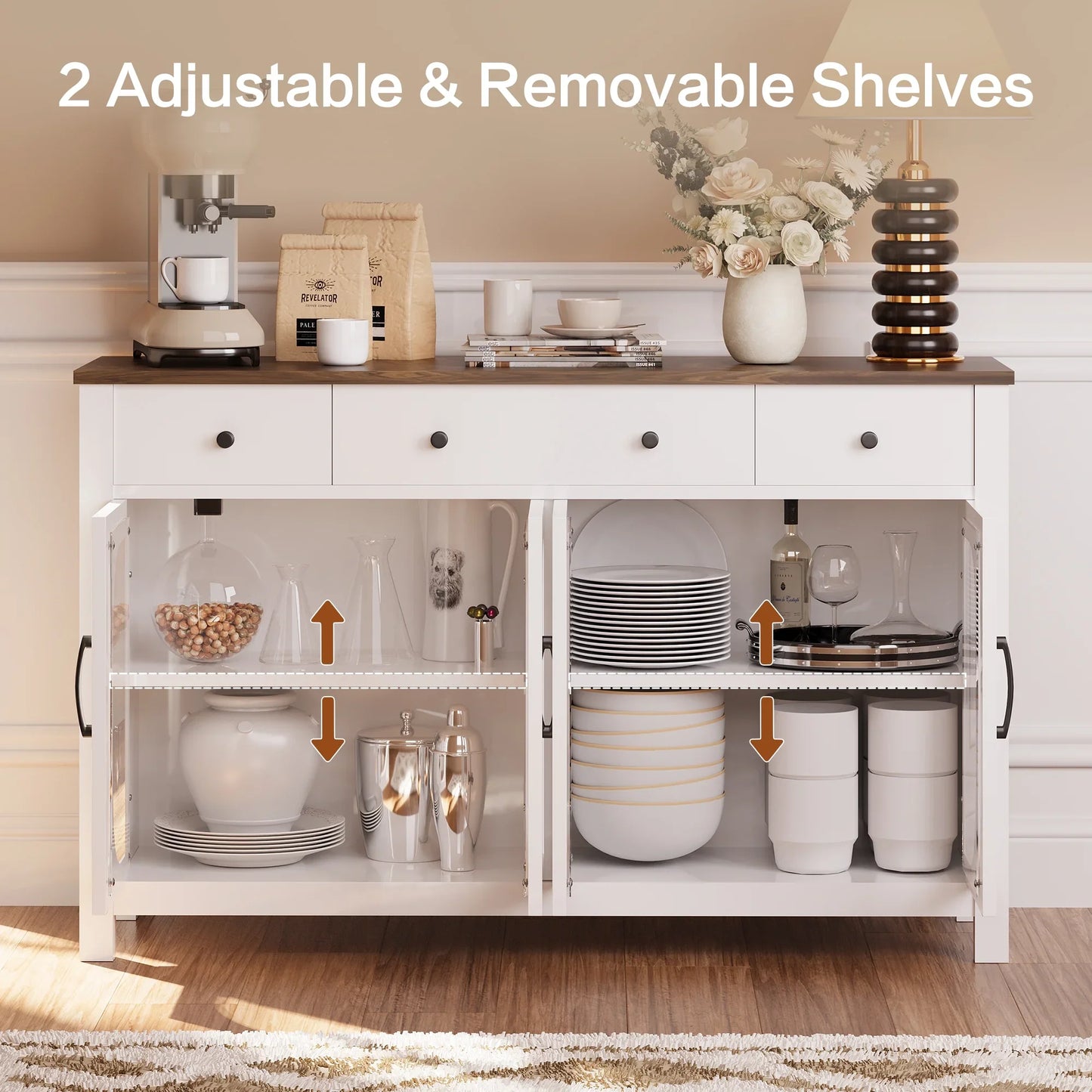 spanspace 55" Large Sideboard Buffet Cabinet with Storage, Buffet Table with 3 Drawers and 4 Glass Doors, Kitchen Buffet Storage Cabinet Coffee Bar Cabinet for Living Room,White