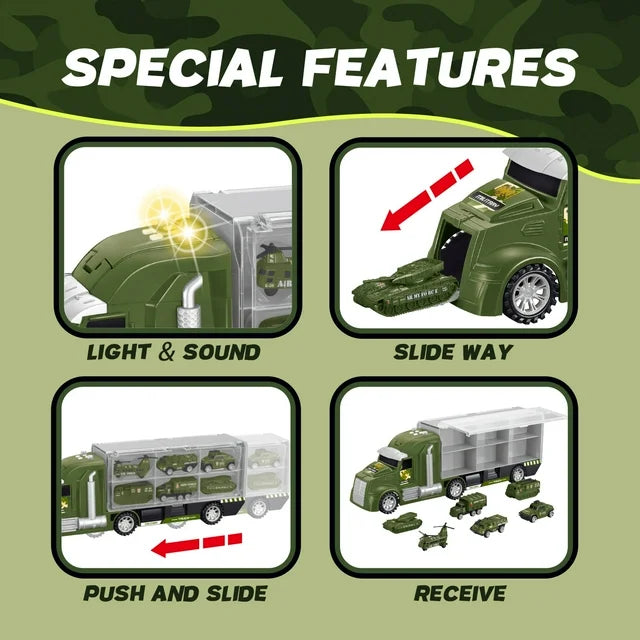 JoyStone 33 in 1 Military Truck Toy, Green Army Toy Set with Soldiers and Roadblocks, Mini Battle Truck Toy in Carrier Truck with Lights and Sounds, Gift for Toddler Boys Aged 3+