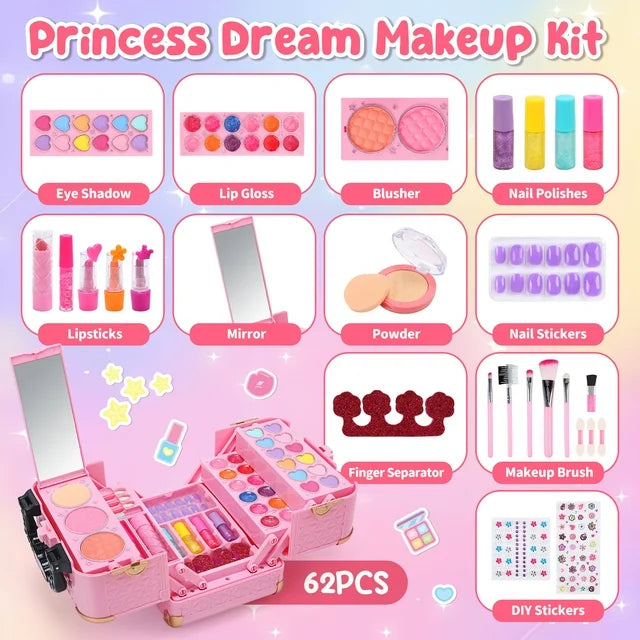 JoyStone 62Pcs Kids Washable Makeup Kit Makeup Kit, Pretend Beauty Vanity Set with Cosmetic Case Birthday Toys for Girls 3-12 Year Old Kids Toddlers
