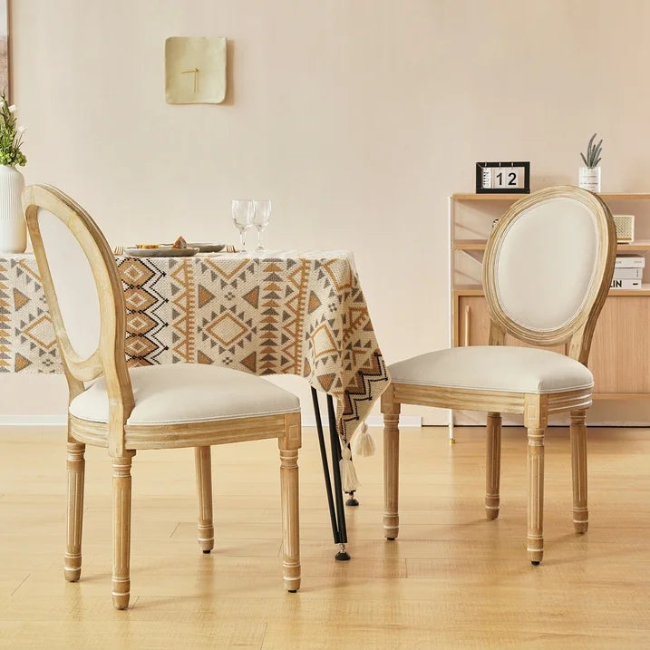 King Louis Back Side Chair Set of 2 French Country Dining Chairs Upholstered Linen Dining Room Chairs,Beige