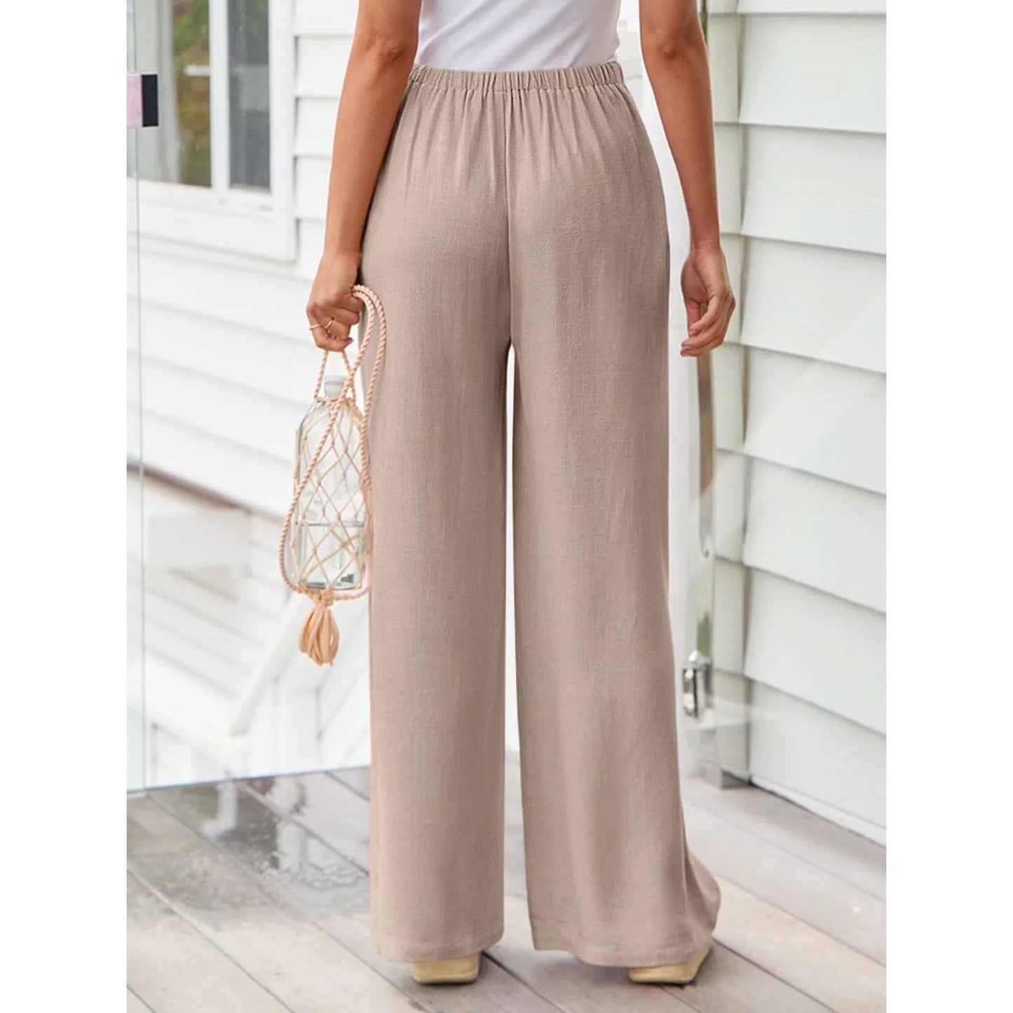 TEMOFON Pants for Women Wide Leg Linen Pant Summer Casual Palazzo Khaki Flowy Pants with Pocket Drawstring Loose Lightweight Pants L