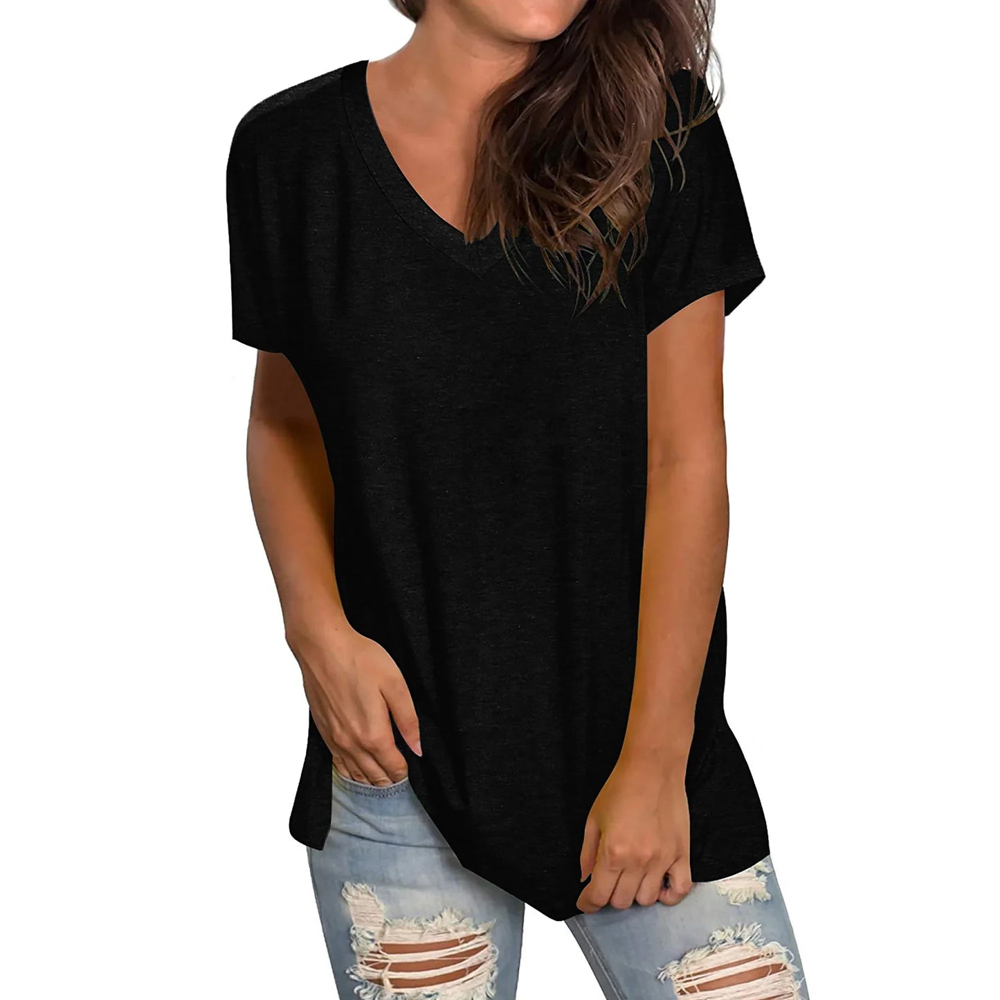 TEMOFON Womens Tops Casual Summer T Shirts V Neck Short Sleeve Tunic Tops Casual Solid Black Loose Shirts for Women Size L