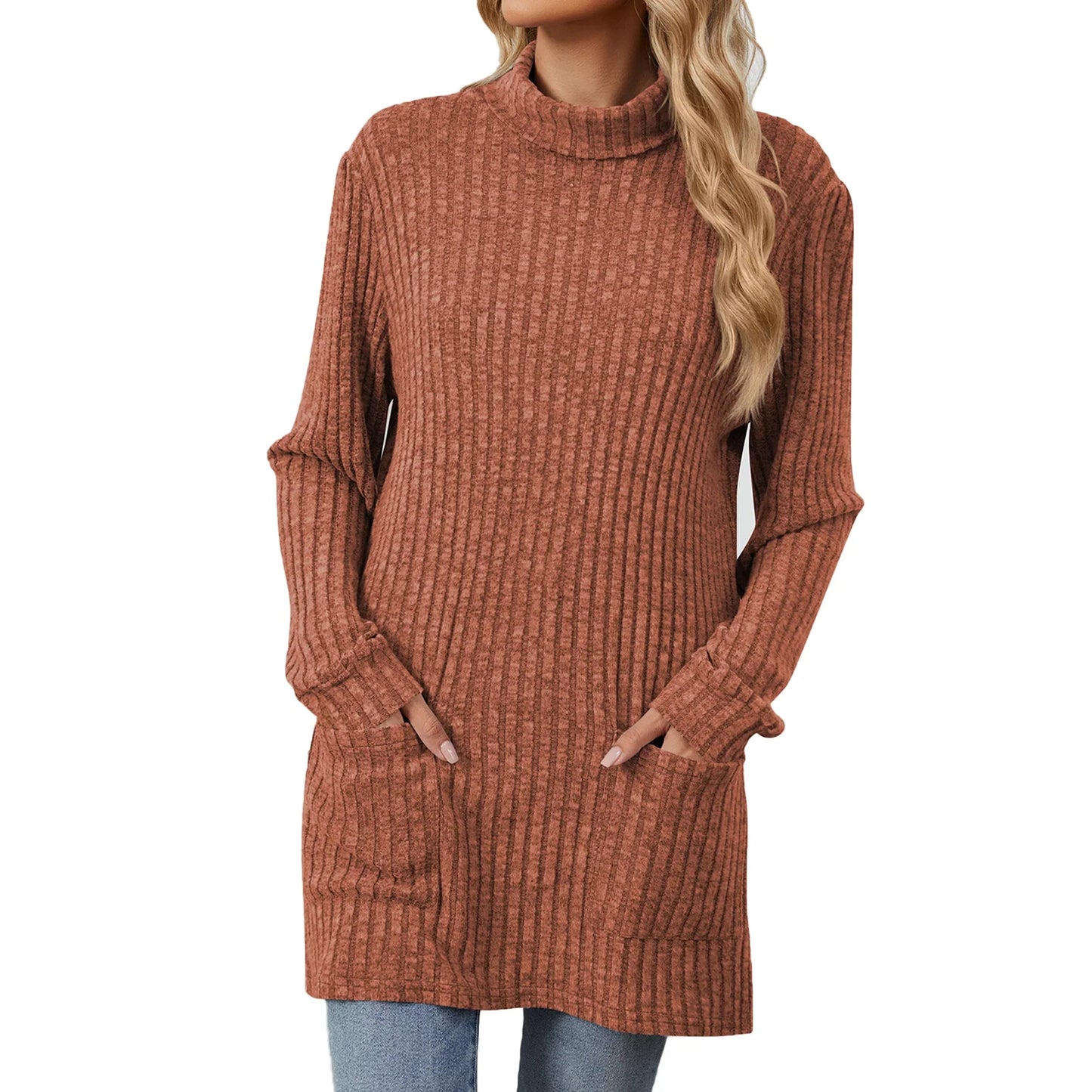 TEMOFON Sweaters for Women Long Sleeve Knit Tunic Tops Fall Casual Turtleneck Loose Fit Pullover with Pocket Size XL
