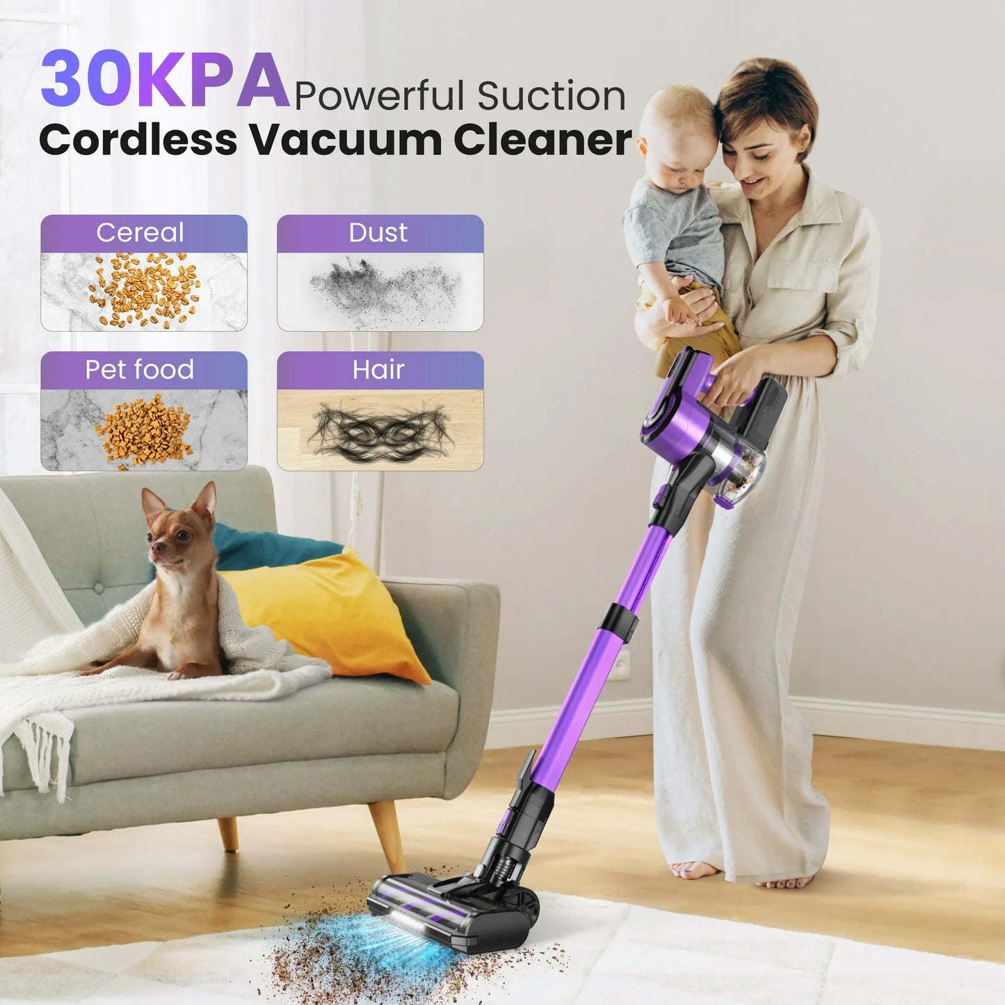 YOMA Cordless Vacuum Cleaner,30Kpa 60min Runtime Lightweight Stick Vacuum,8 in1 Self-Standing,Rechargeable Vacuum Cleaners for Pet Hair,Carpet,Hardwood Floor V870(Purple)