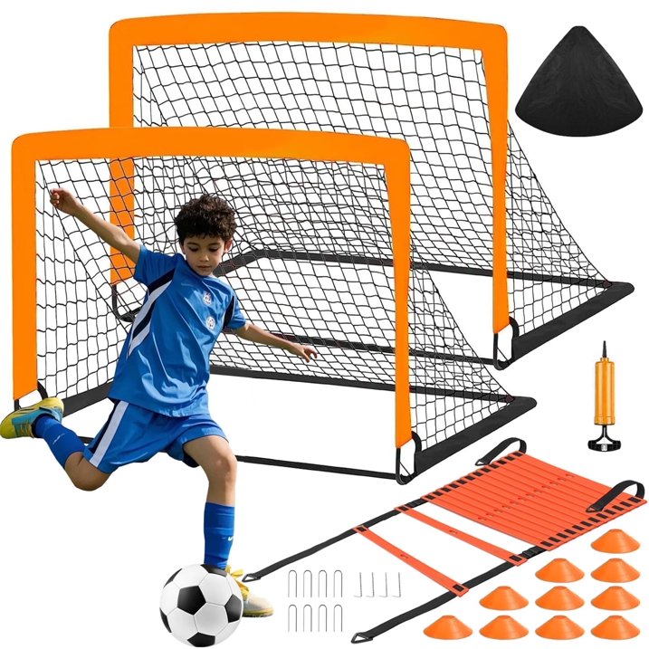 stusgo Kids Soccer Goals for Backyard Set, 2 Pack Pop Up Soccer Goal with Soccer Nets, 4x3 FT Soccer Goals, Includes Soccer Ball, Agility Ladder, Cones Carry Bag, Perfect for Youth Outdoor Sports