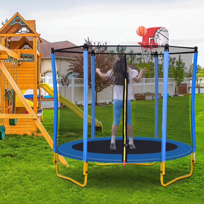 SHINPT 65 Outdoor Indoor Mini Toddler Trampoline with Enclosure Net, Basketball Hoop and Ball Included, Entertainment Trampoline for Backyard, Patio