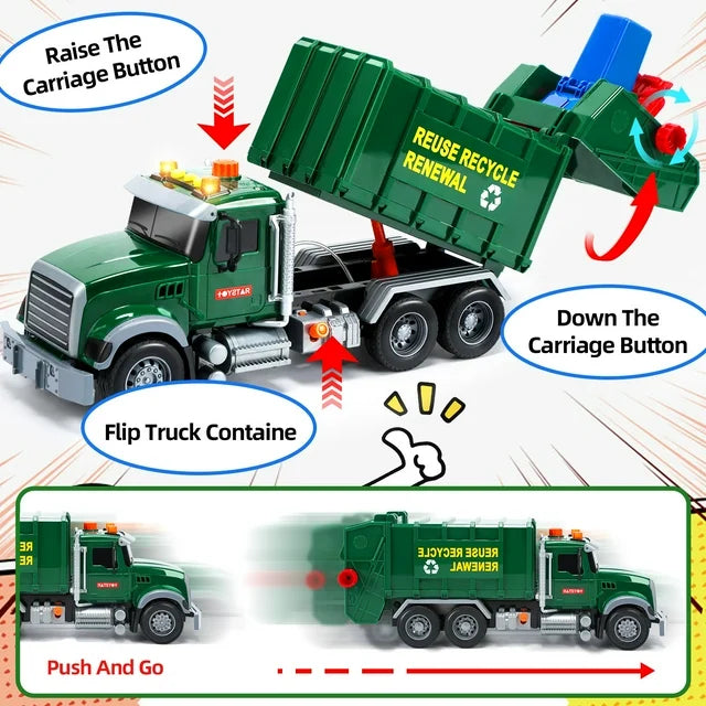 JoyStone Kids Garbage Truck Toy, Friction Powered Recycling Truck with Lights & Sounds, Lift & Rotating Trash Bin Function, 3 Trash Bins, Interactive Toy for 3-8 Years Old