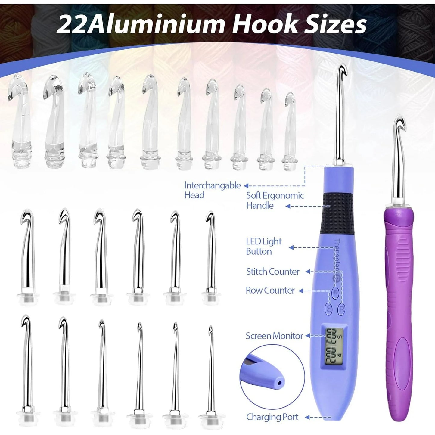 Crochet Hook with 22 Different Size, for Stitch & Row Counter, Light Up Interchangeable Crochet Needle, Ergonomic Crochet Hooks with 2 Levels Led