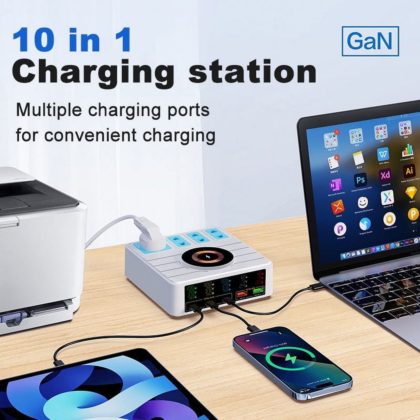 Tower Power Strip with 15W Wireless Charger, 5.9FT Flat Plug Extension Cord with Multiple Outlets, 4 AC Outlets, 5 USB Ports (2 USB C) Charging Station Surge Protector for Office Home Dorm Room