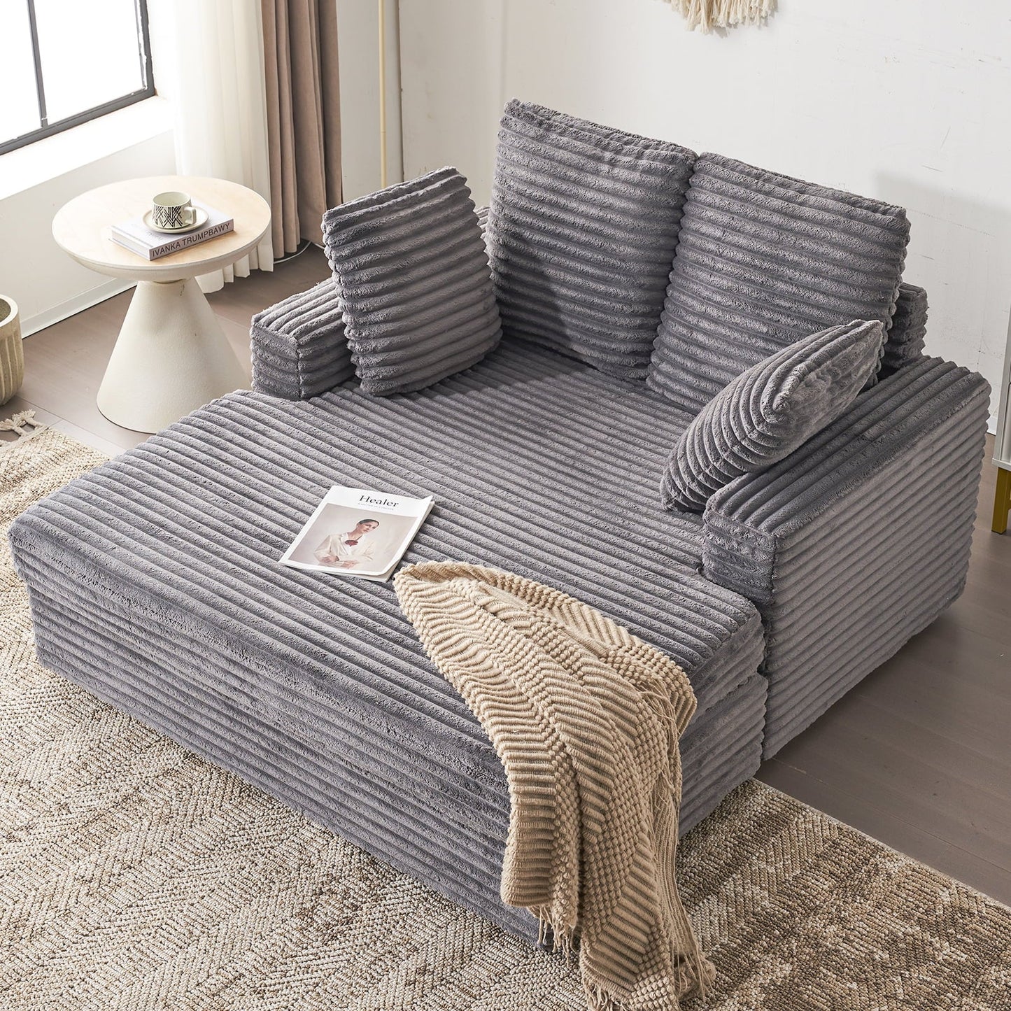 54.25 Chaise Lounge, Plush Corduroy Sofa Chair Bed with Throw Pillows and Armrests, Sleeper Chaise Lounge for Living Room,Dark Gray