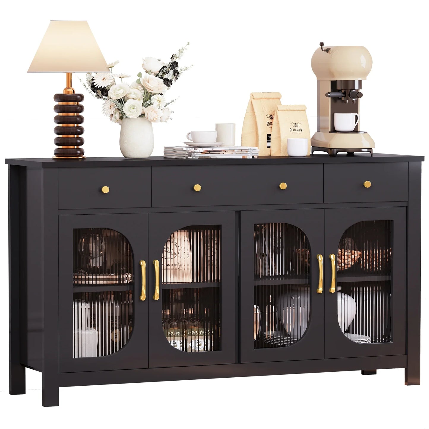 55" Sideboard Buffet Cabinet with Storage, Buffet Table with 3 Drawers and 4 Glass Doors, Kitchen Coffee Bar Cabinet with Adjustable Shelves for Dining Room, Living Room
