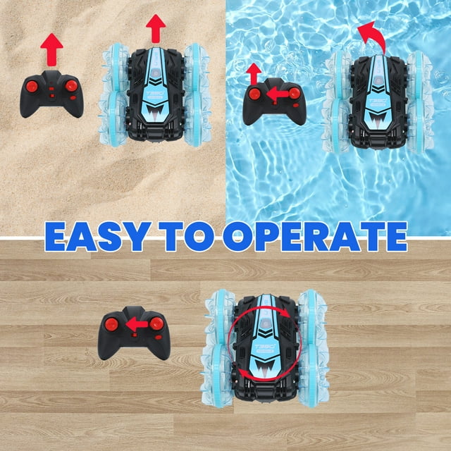 JoyStone Amphibious Remote Control Car Boat with LED Lights, 4WD RC Stunt Car Toy for Boys Girls, Water Beach Pool Toys for Kids Ages 8-12, Blue