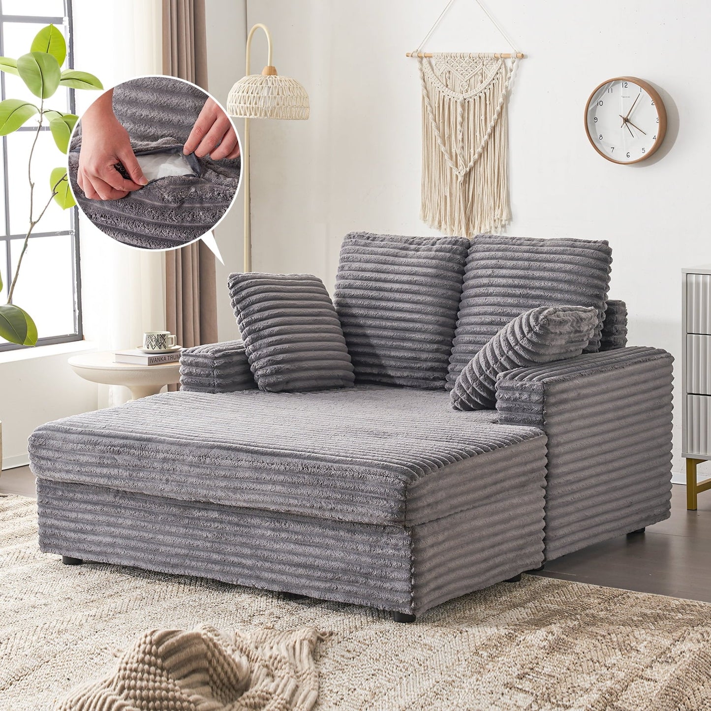 54.25 Chaise Lounge, Plush Corduroy Sofa Chair Bed with Throw Pillows and Armrests, Sleeper Chaise Lounge for Living Room,Dark Gray
